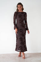 sasha Dresses 1*DONE-SASHA-64623D08OH-BROWN FLORAL EMBROIDERED LONG SLEEVE DRESS
