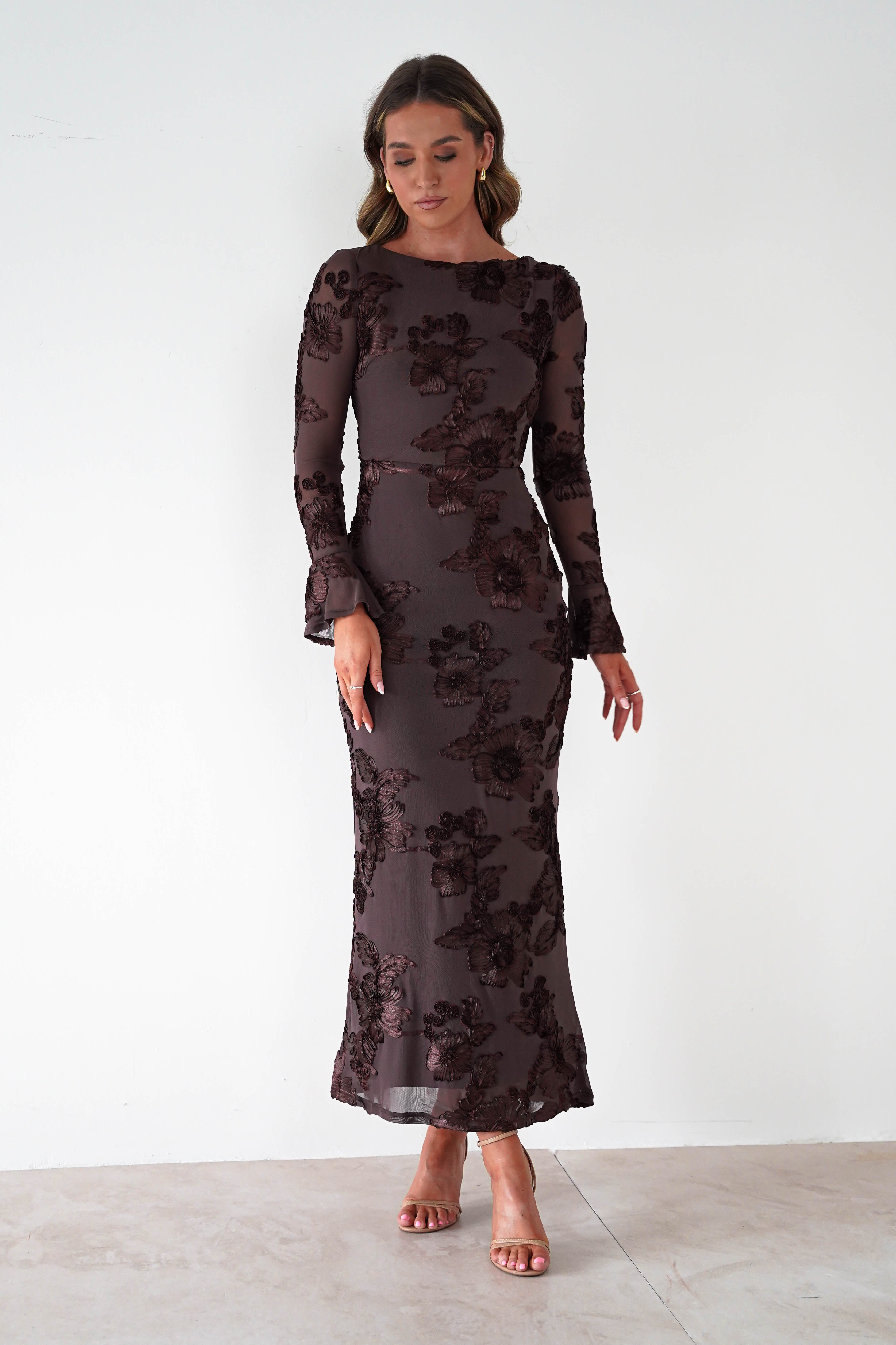 sasha Dresses 1*DONE-SASHA-64623D08OH-BROWN FLORAL EMBROIDERED LONG SLEEVE DRESS