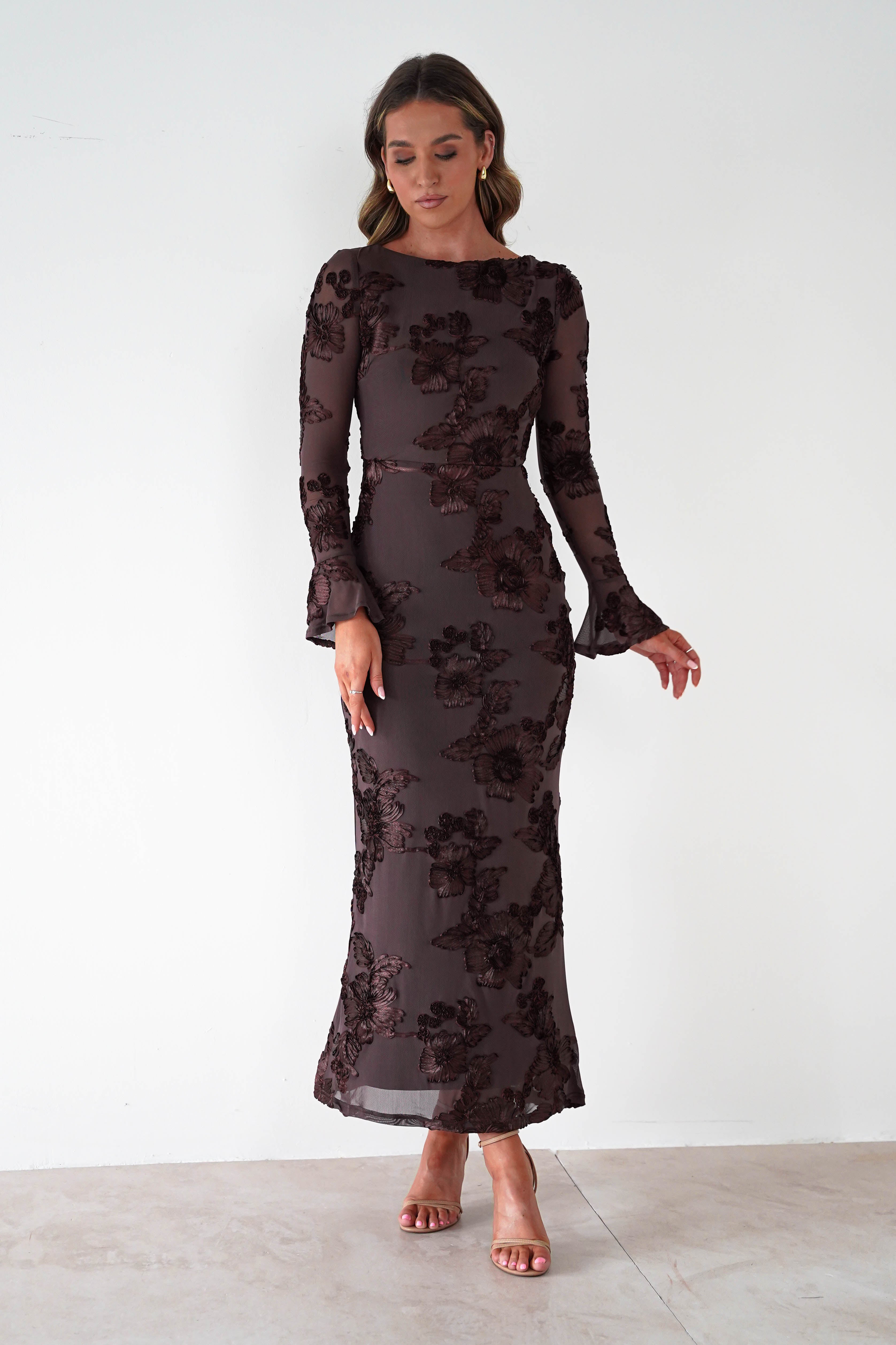 sasha Dresses 1*DONE-SASHA-64623D08OH-BROWN FLORAL EMBROIDERED LONG SLEEVE DRESS