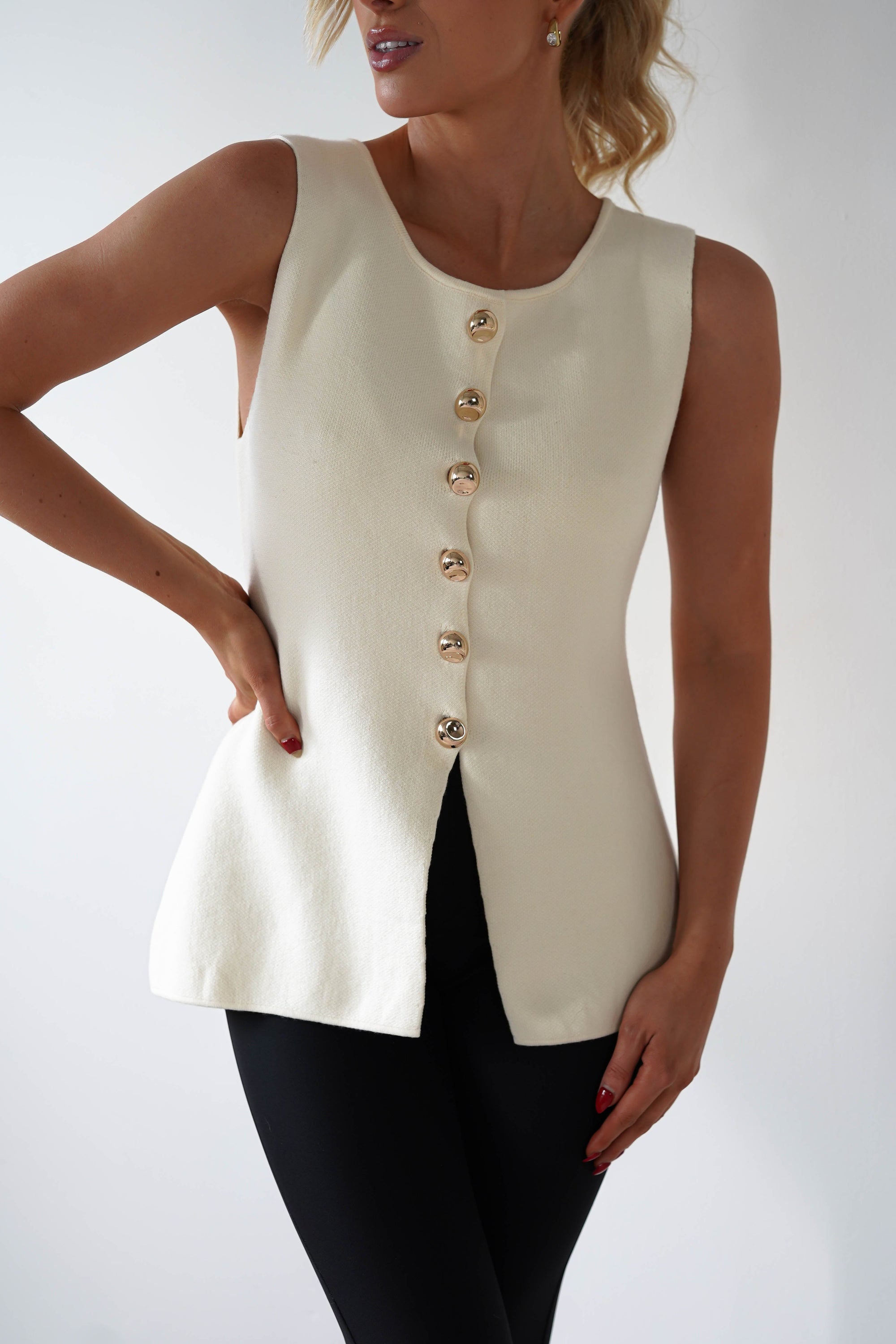 Louella Gold Button Waistcoat Top | Cream | Oh Hello Clothing | S/M (6 - 10)