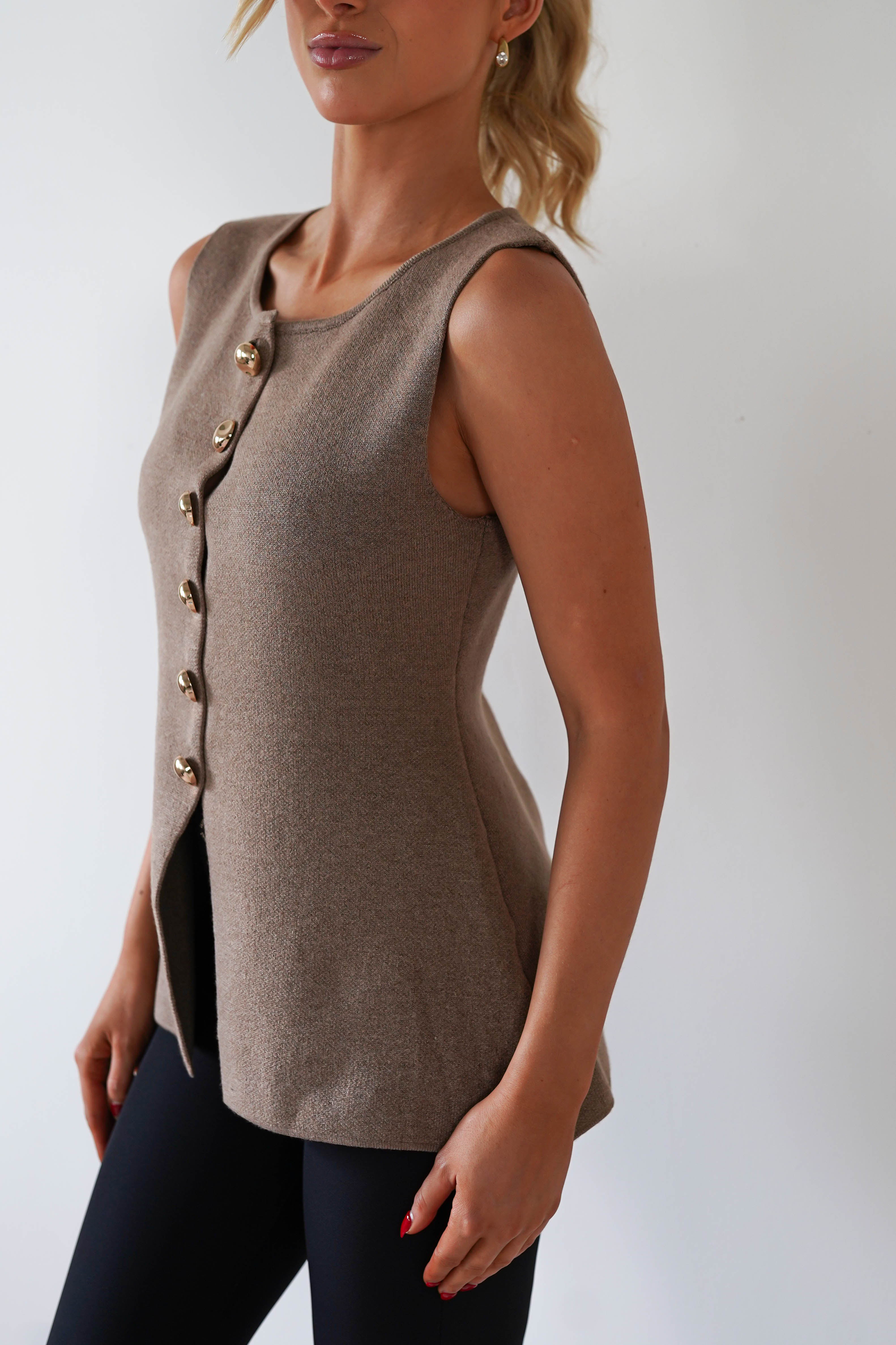 Louella Gold Button Waistcoat Top | Brown - Oh Hello Clothing