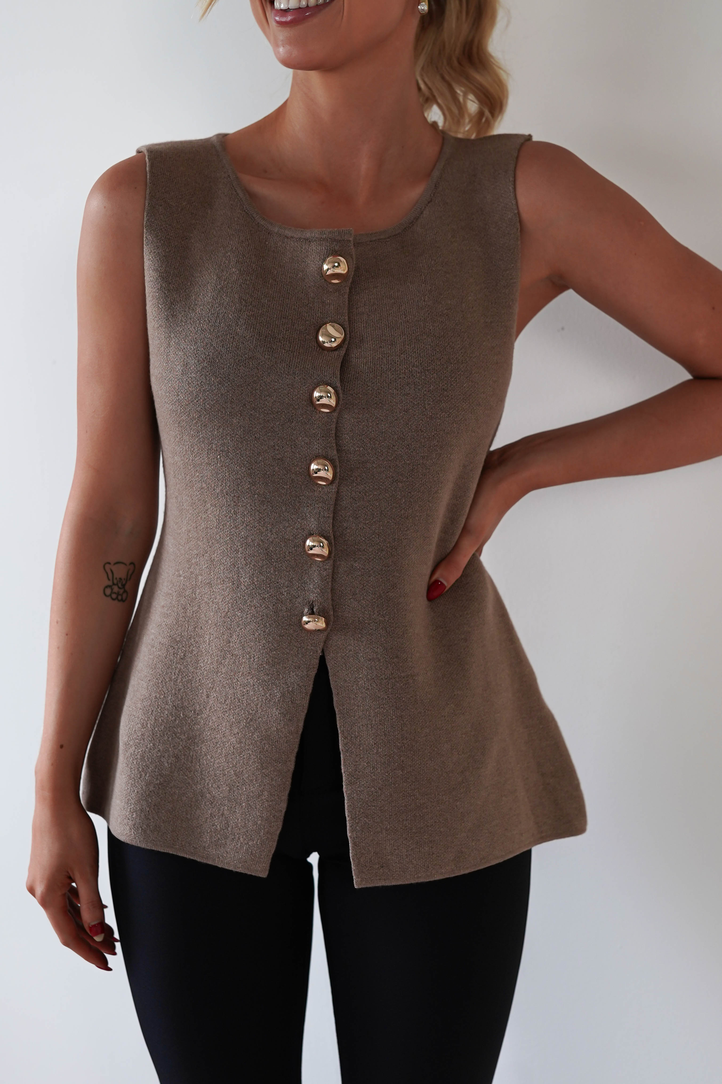 Louella Gold Button Waistcoat Top | Brown - Oh Hello Clothing