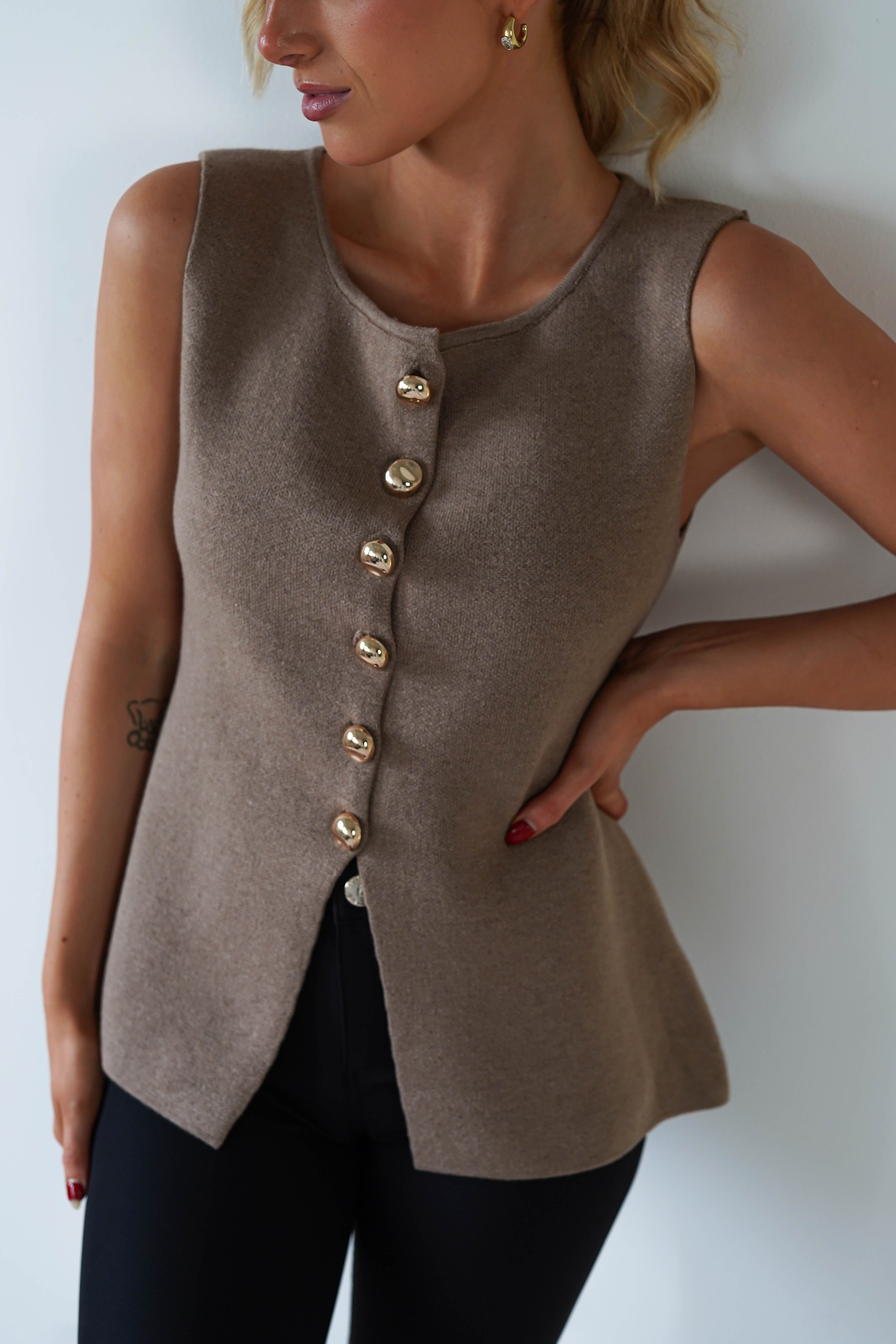 Louella Gold Button Waistcoat Top | Brown - Oh Hello Clothing