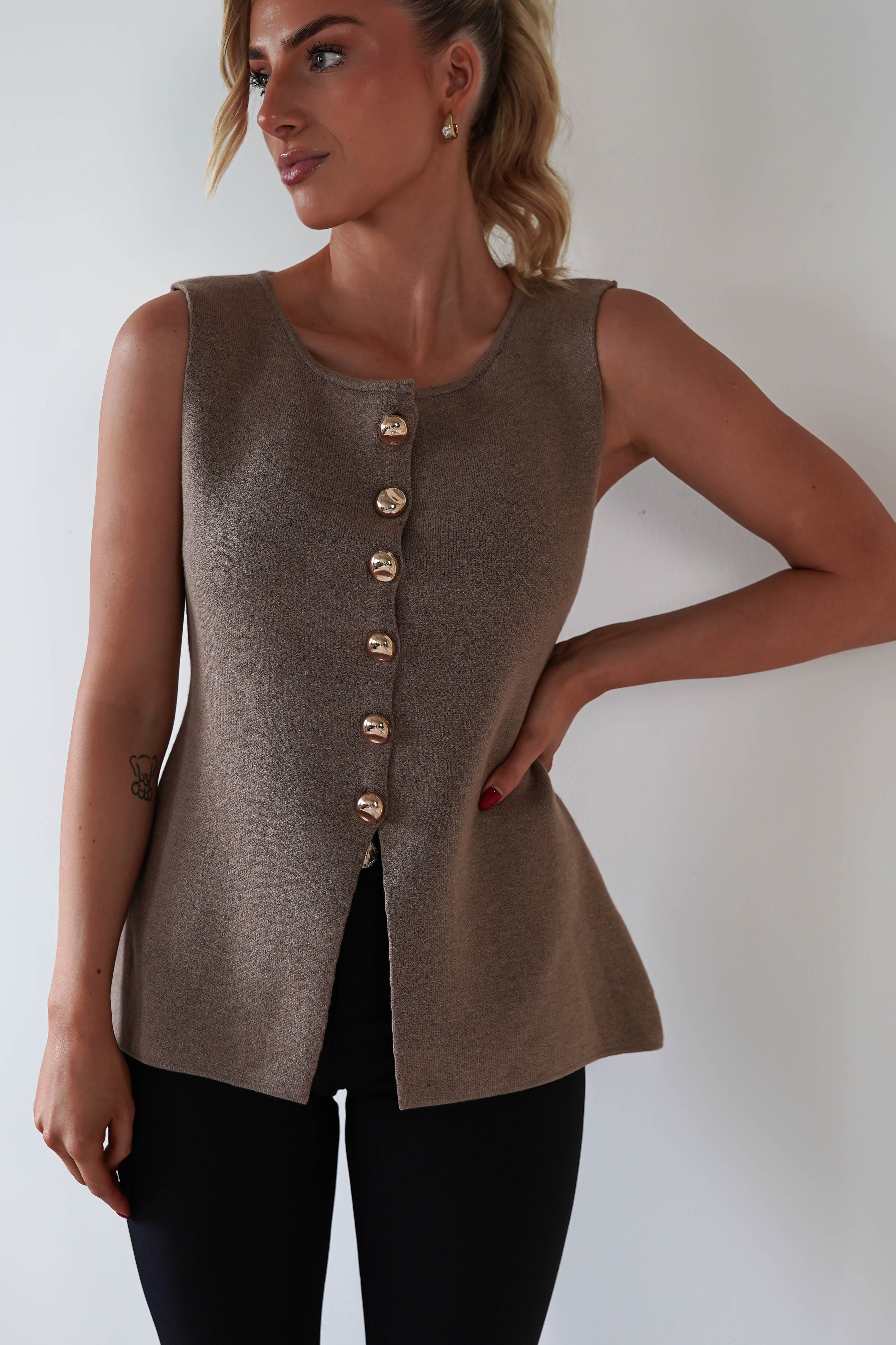 Louella Gold Button Waistcoat Top | Brown - Oh Hello Clothing