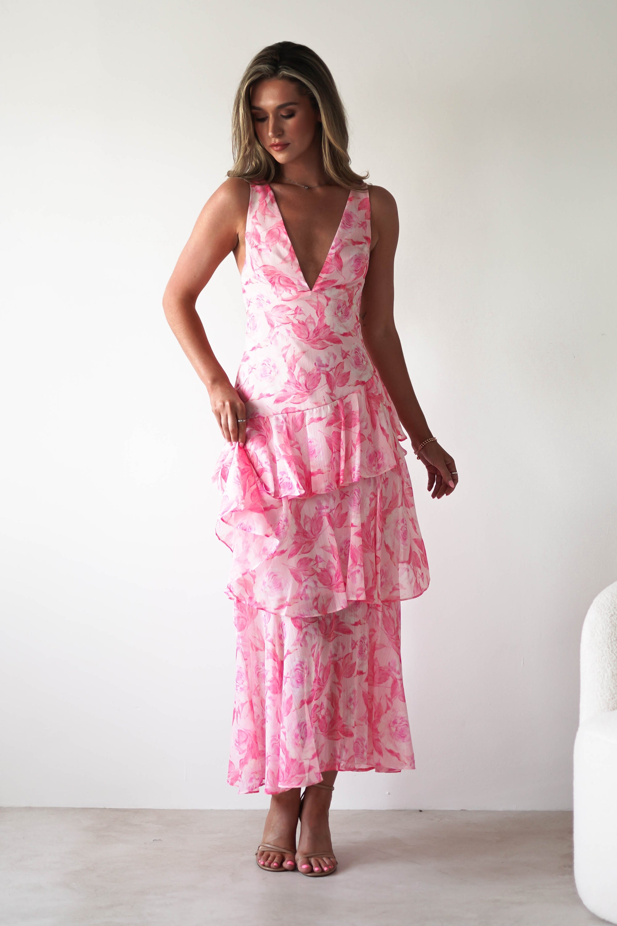 Quincy Floral Ruffle Maxi Dress | Pink Print | Oh Hello Clothing | XS (6)
