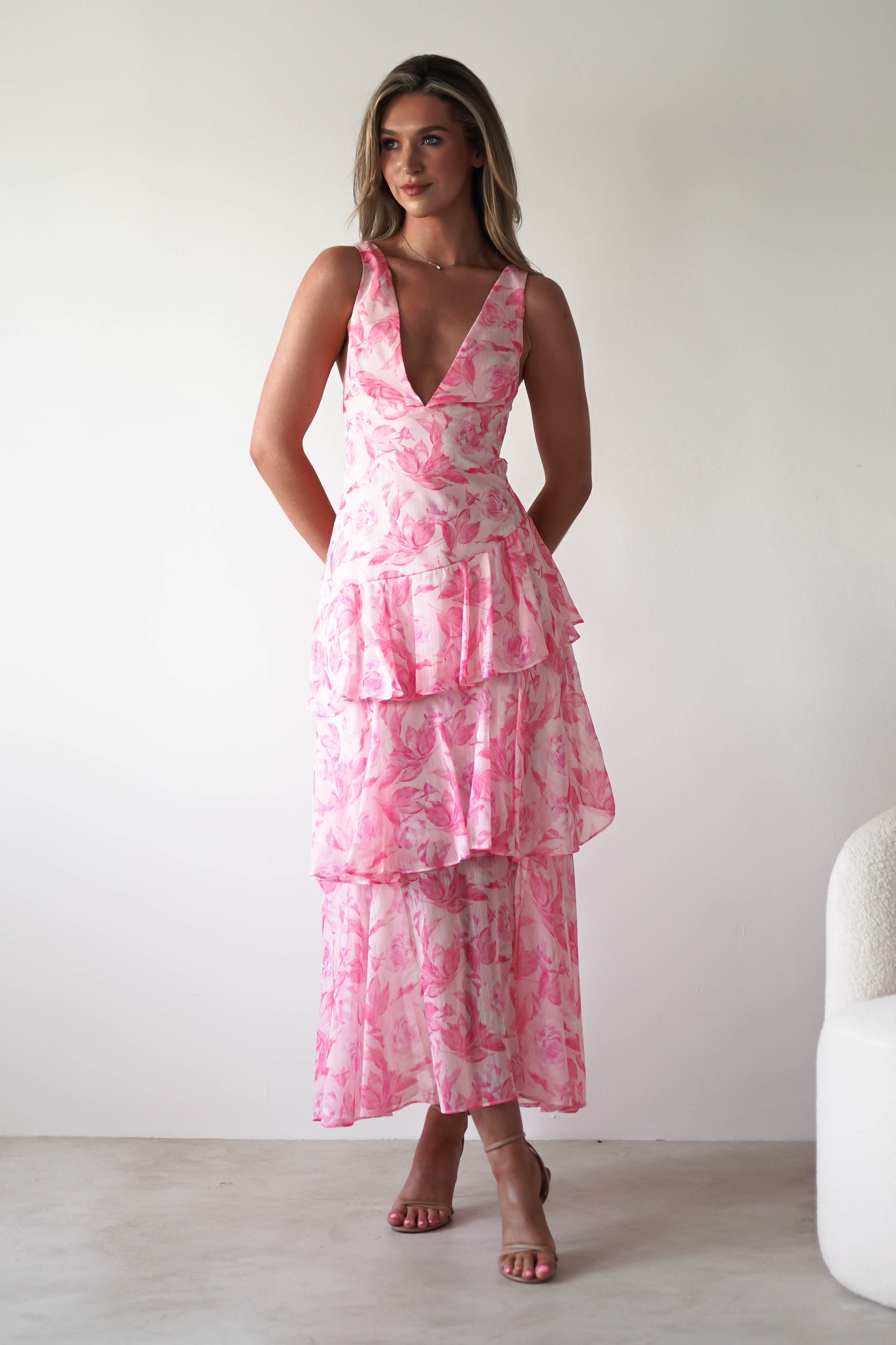 Quincy Floral Ruffle Maxi Dress | Pink Print | Oh Hello Clothing | XS (6)