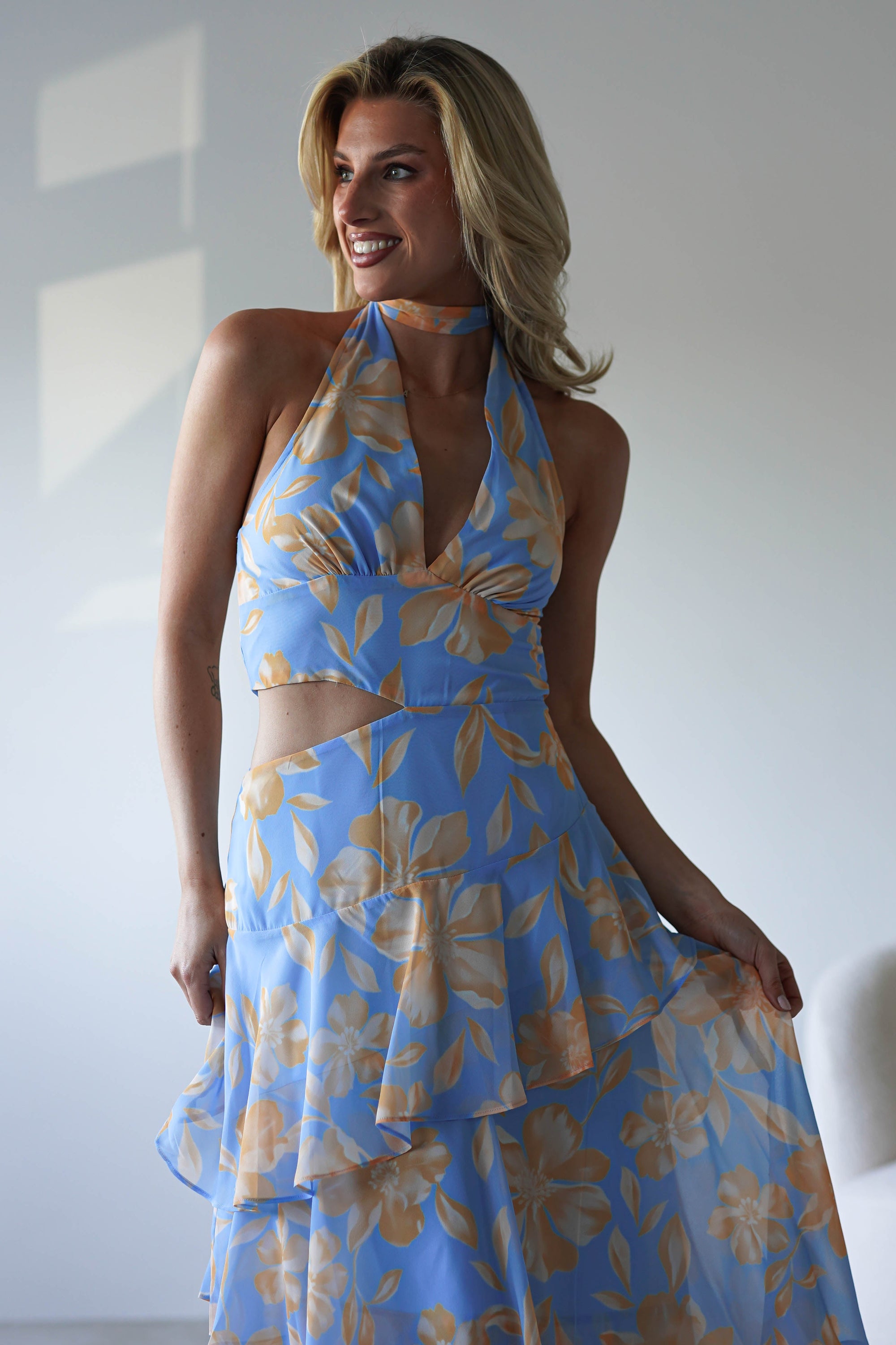 Lohan Ruffle Floral Maxi Print Dress | Blue | Oh Hello Clothing | XS (6)