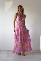 SASHA Wedding Guest Dresses Lohan Ruffle Floral Maxi Print Dress | Lilac
