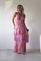 SASHA Wedding Guest Dresses Lohan Ruffle Floral Maxi Print Dress | Lilac