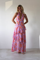 SASHA Wedding Guest Dresses Lohan Ruffle Floral Maxi Print Dress | Lilac