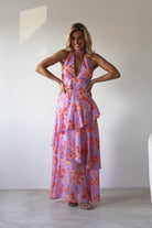 SASHA Wedding Guest Dresses Lohan Ruffle Floral Maxi Print Dress | Lilac