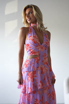 SASHA Wedding Guest Dresses Lohan Ruffle Floral Maxi Print Dress | Lilac