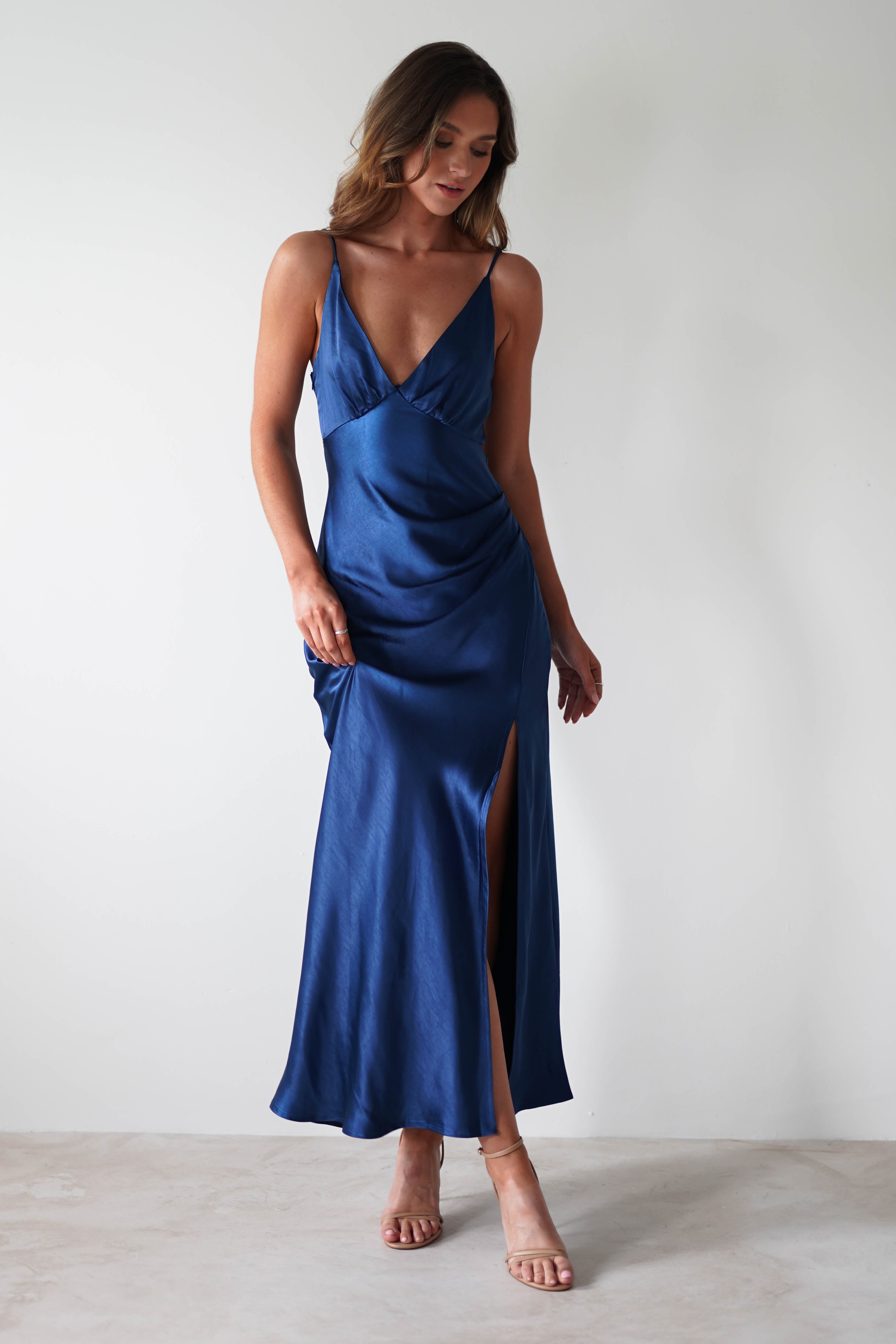 cariela midi dress plunge neck satin dress in navy Donna Karan Women's A-Line Halter Midi Dress - Taffeta Blue