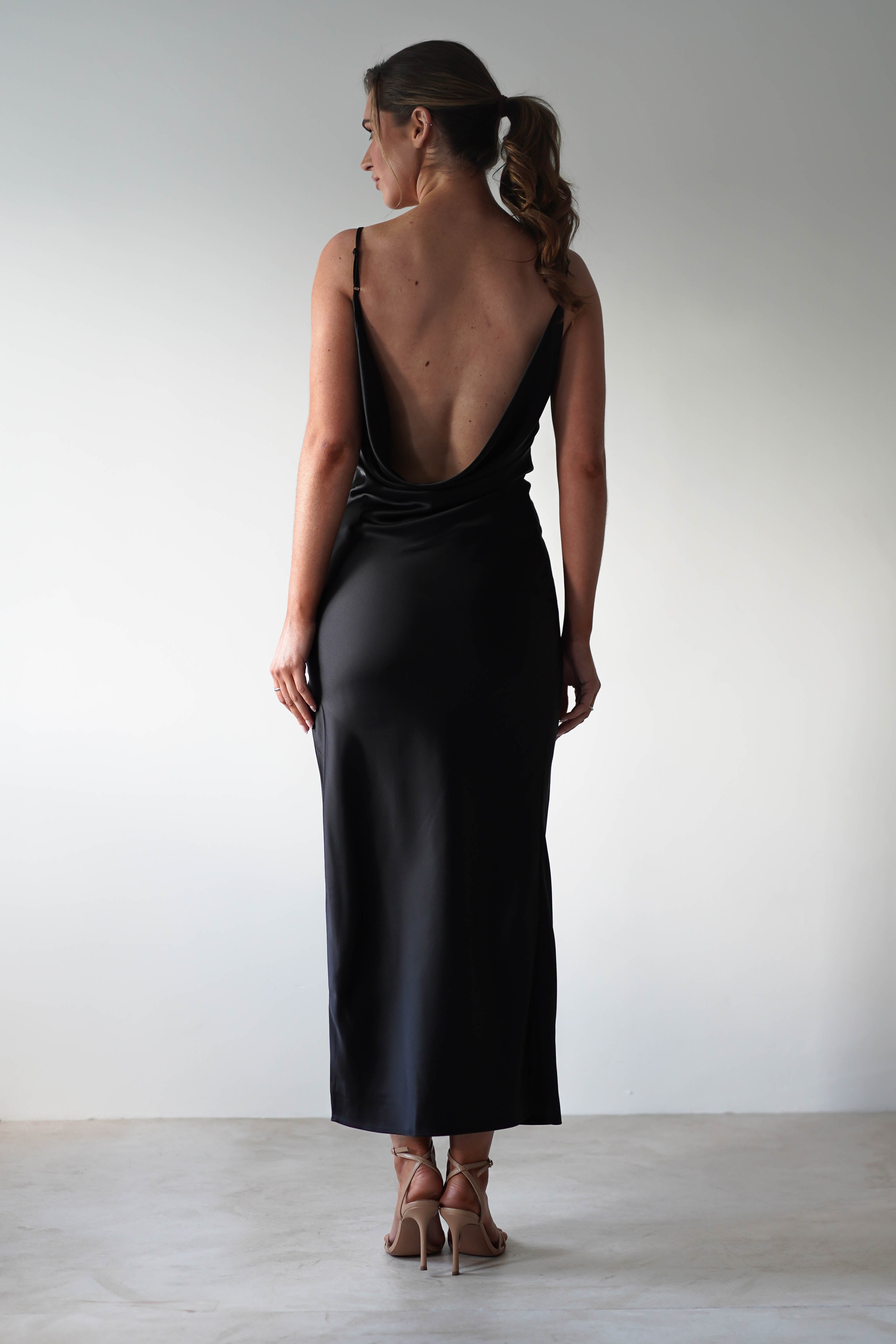 Luiza Low Back Satin Maxi Dress Black – Oh Hello Clothing