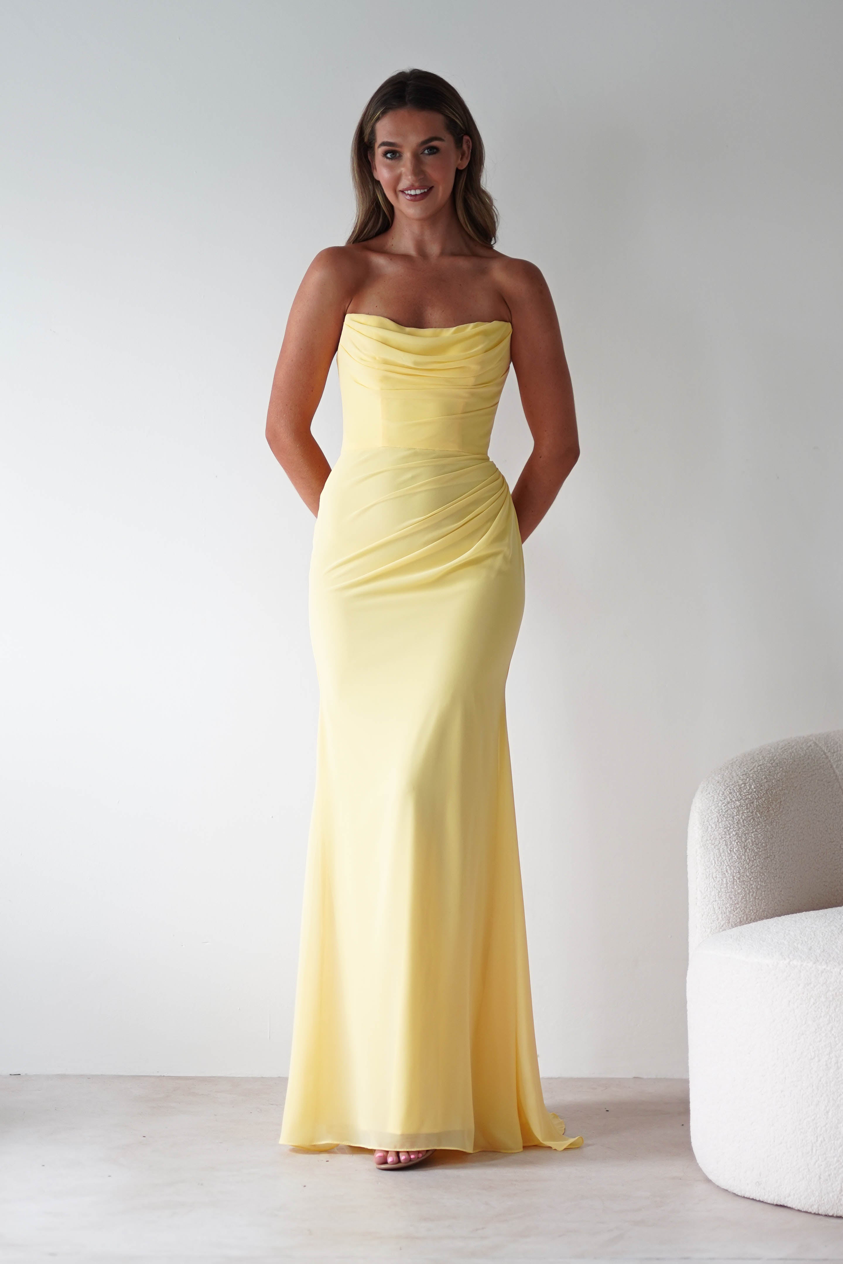 Cinderella Wedding Guest Dresses 1*DONE-T702 Caterina Strapless Maxi Dress yellow