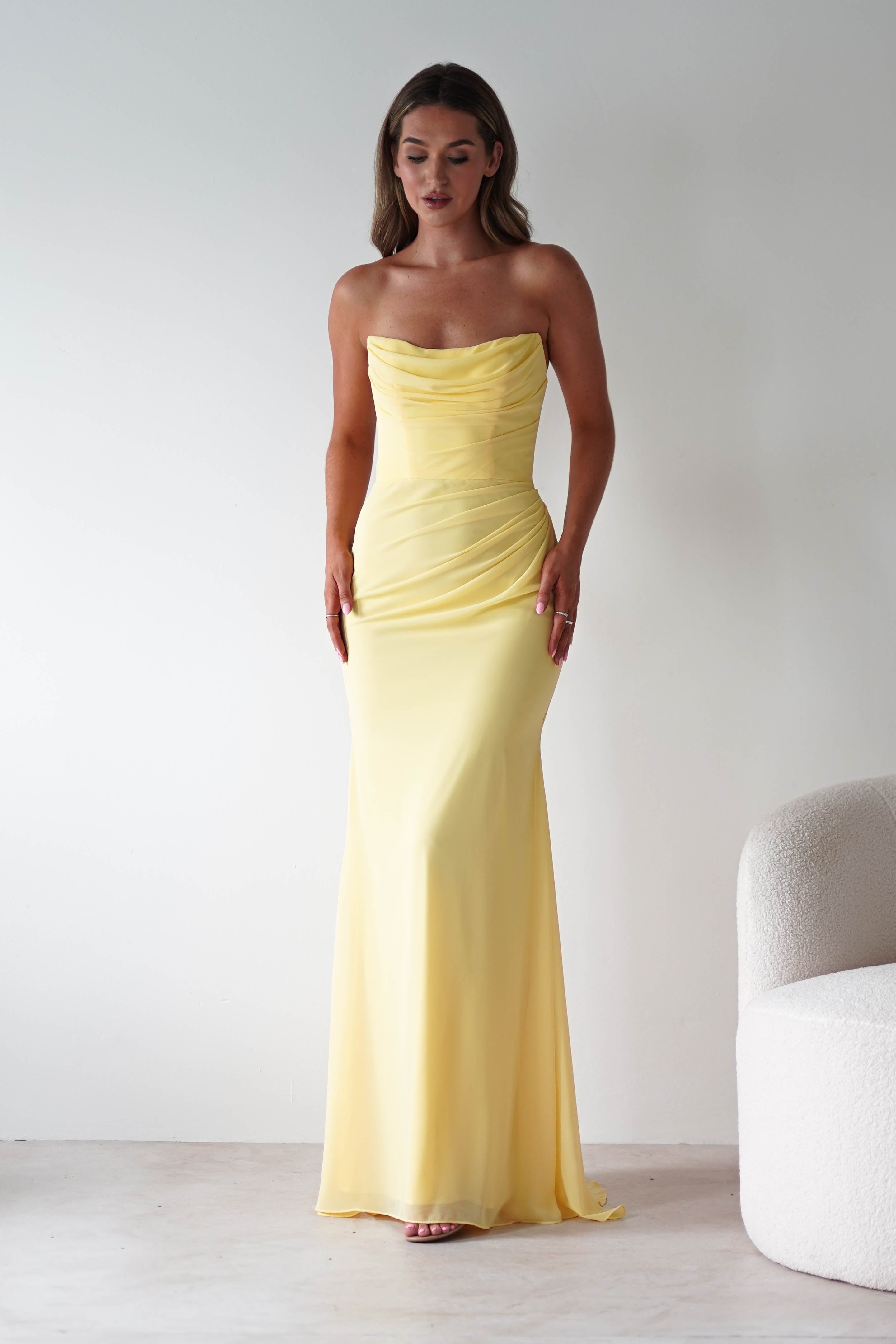Cinderella Wedding Guest Dresses 1*DONE-T702 Caterina Strapless Maxi Dress yellow