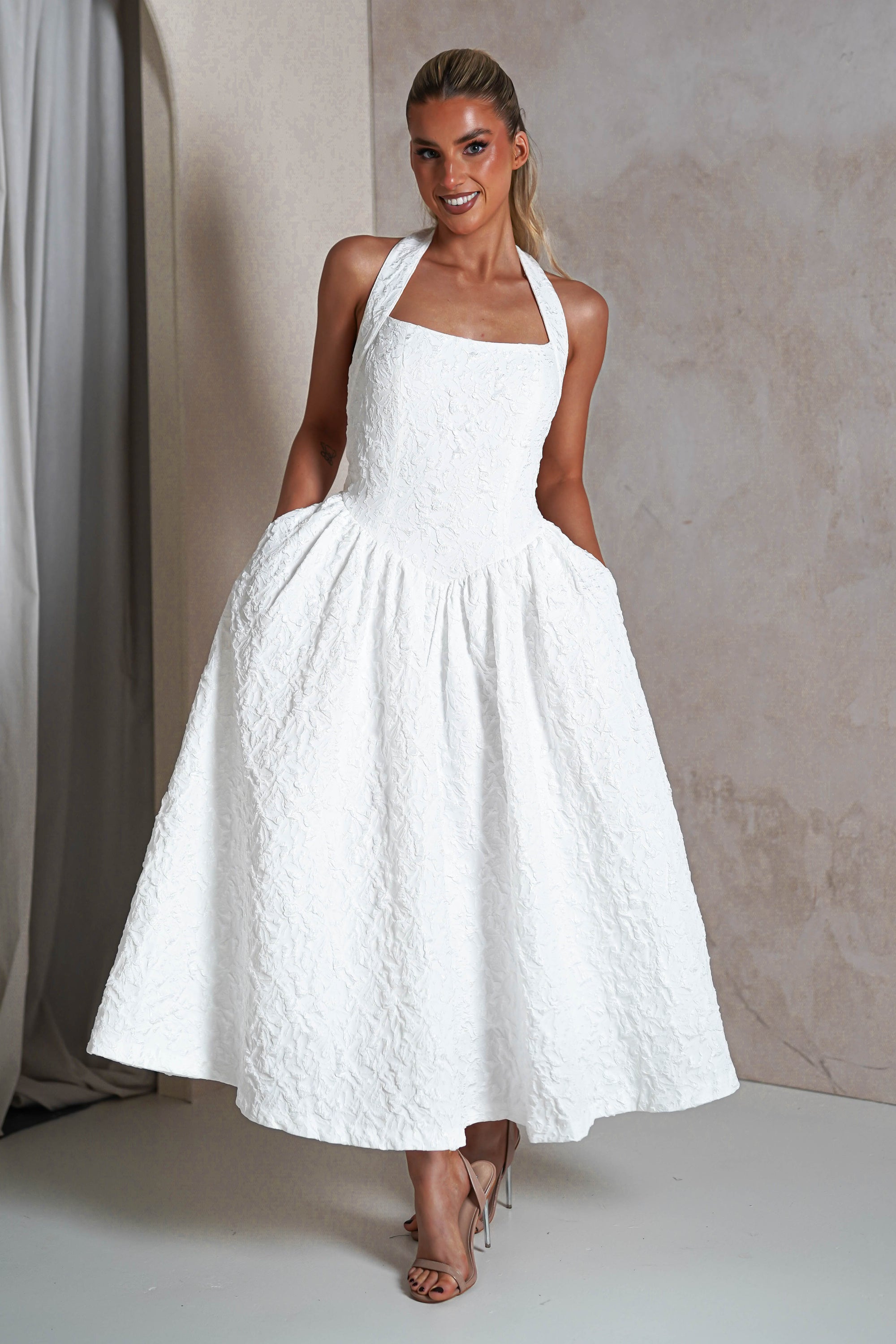 Margot Textured Midaxi Dress | White | Oh Hello Clothing | S (8)