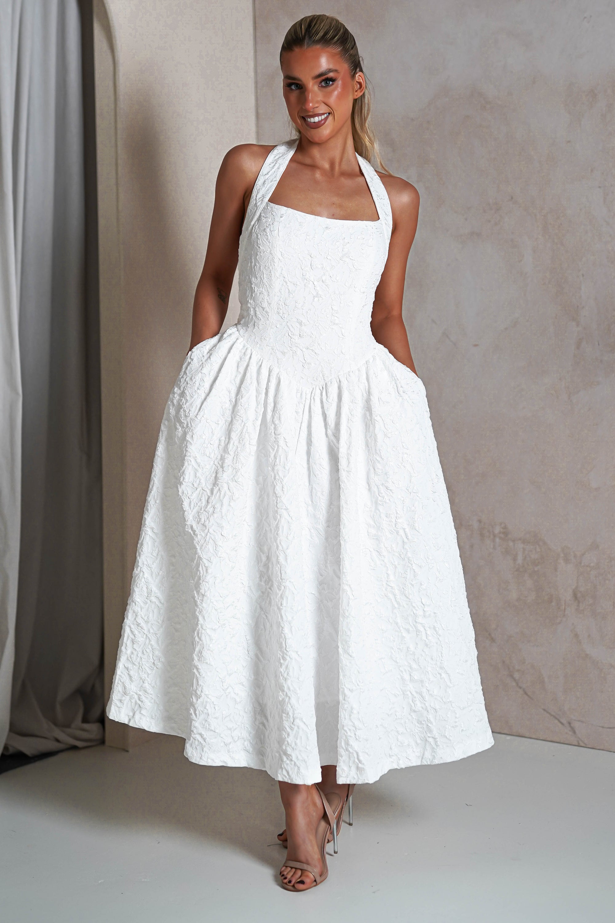 Margot Textured Midaxi Dress | White | Oh Hello Clothing | S (8)