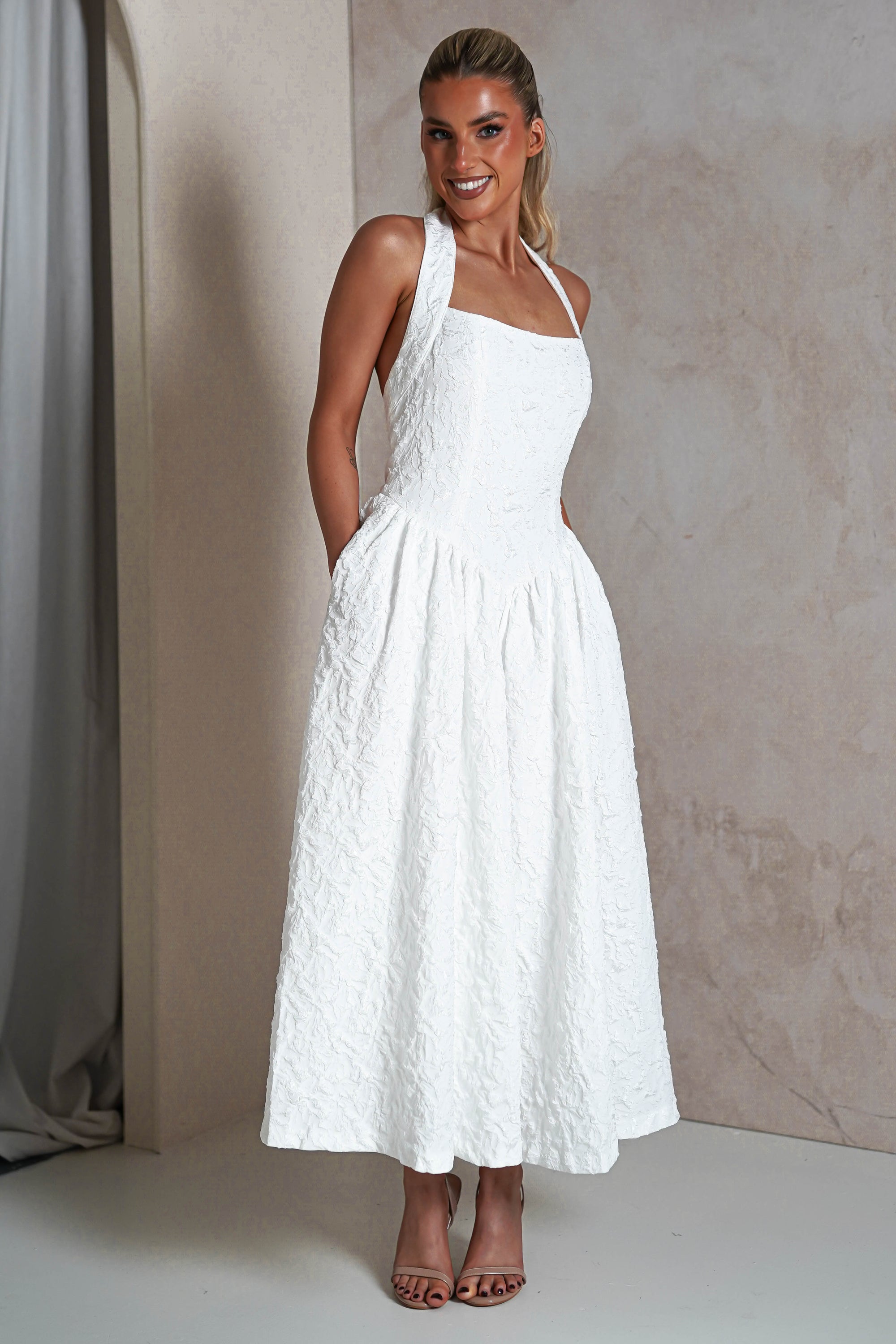 Margot Textured Midaxi Dress | White | Oh Hello Clothing | S (8)