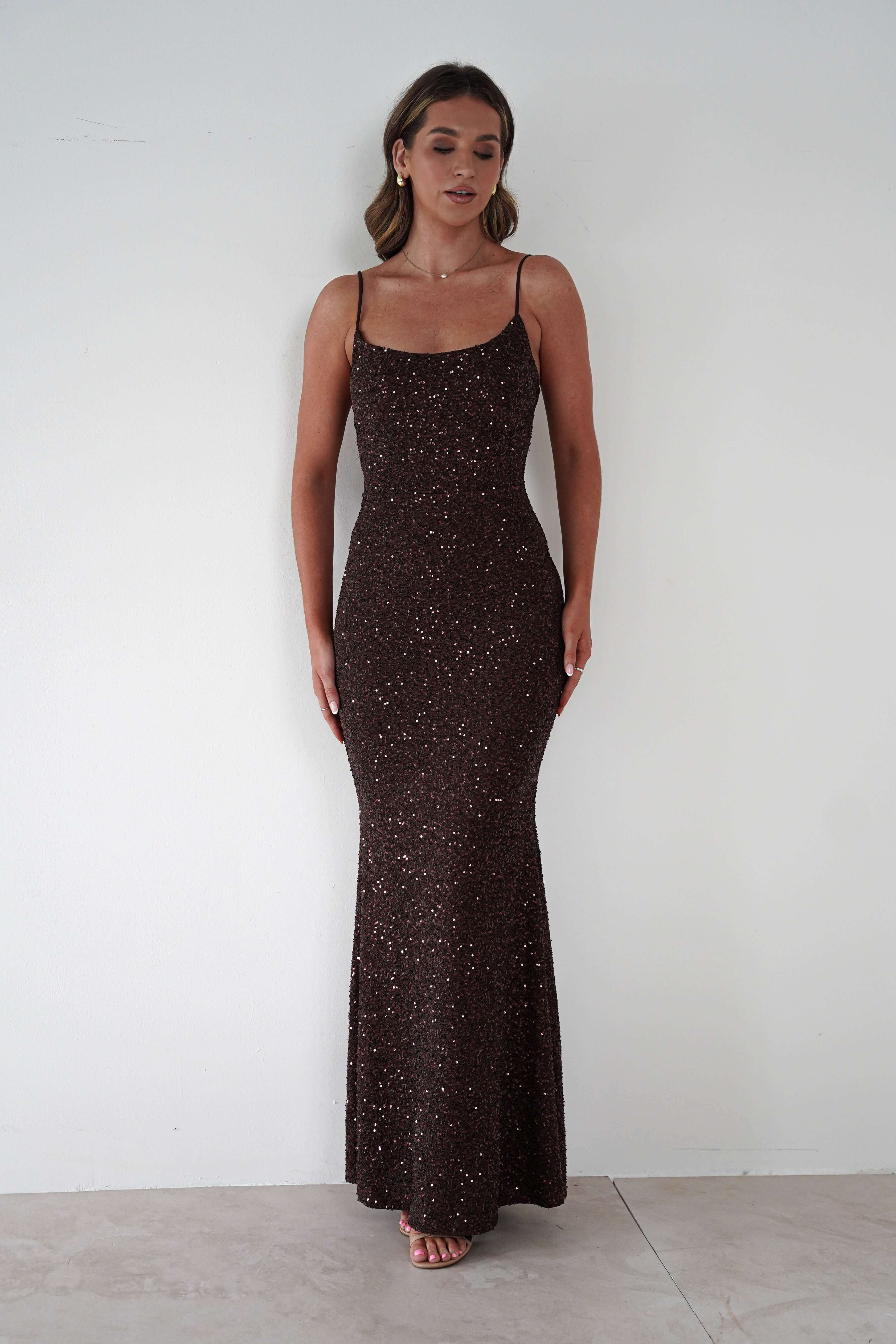 Vera & Lucy Dresses 1*DONE - V&L-15769-BROWN SEQUIN DRESS