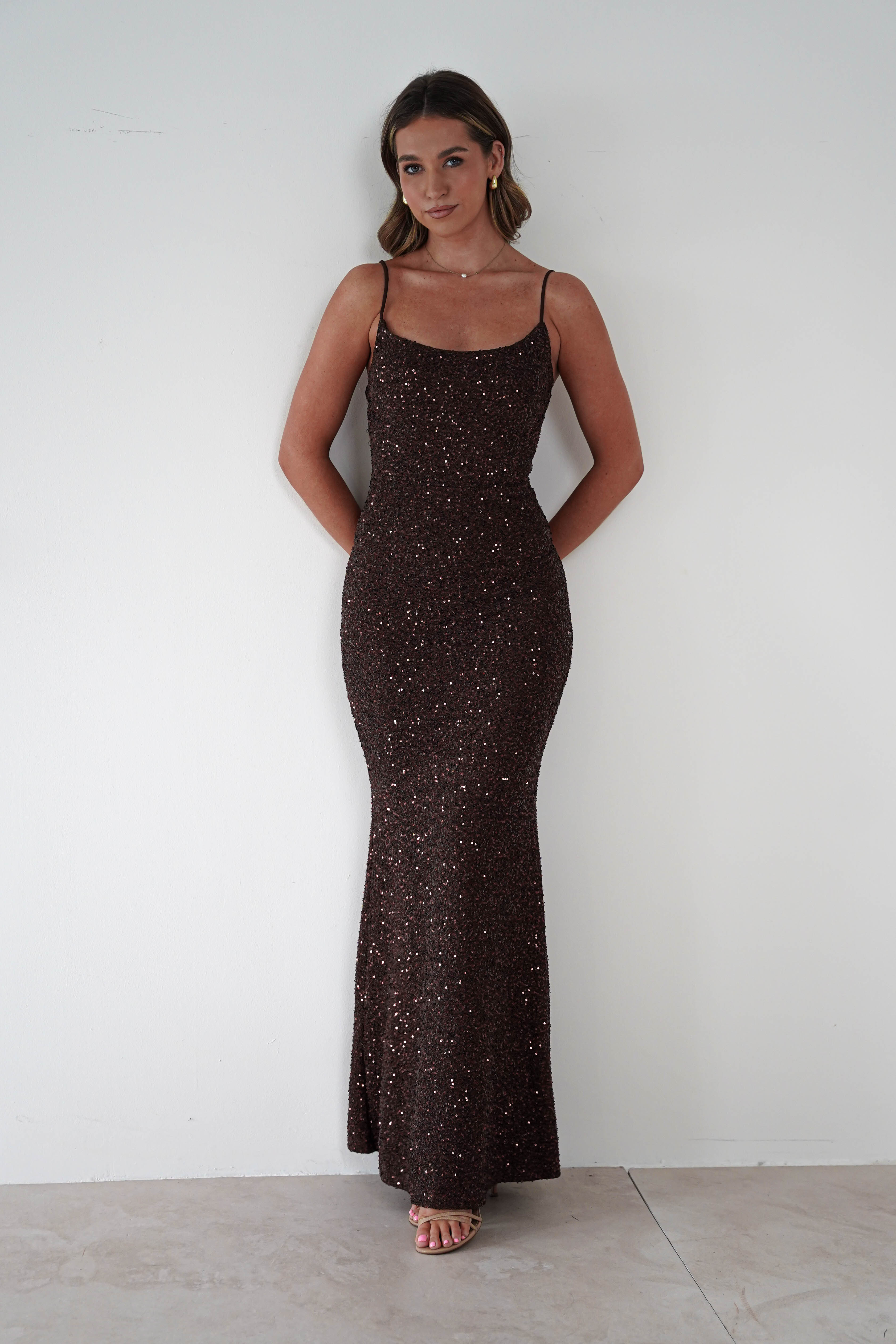 Vera & Lucy Dresses 1*DONE - V&L-15769-BROWN SEQUIN DRESS