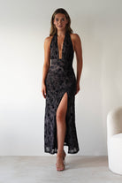 Vera & Lucy Dresses 1*DONE - V&L-15787-BLACK HALTER TIE DRESS WITH FORAL PRINT (Copy)