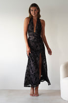 Vera & Lucy Dresses 1*DONE - V&L-15787-BLACK HALTER TIE DRESS WITH FORAL PRINT (Copy)