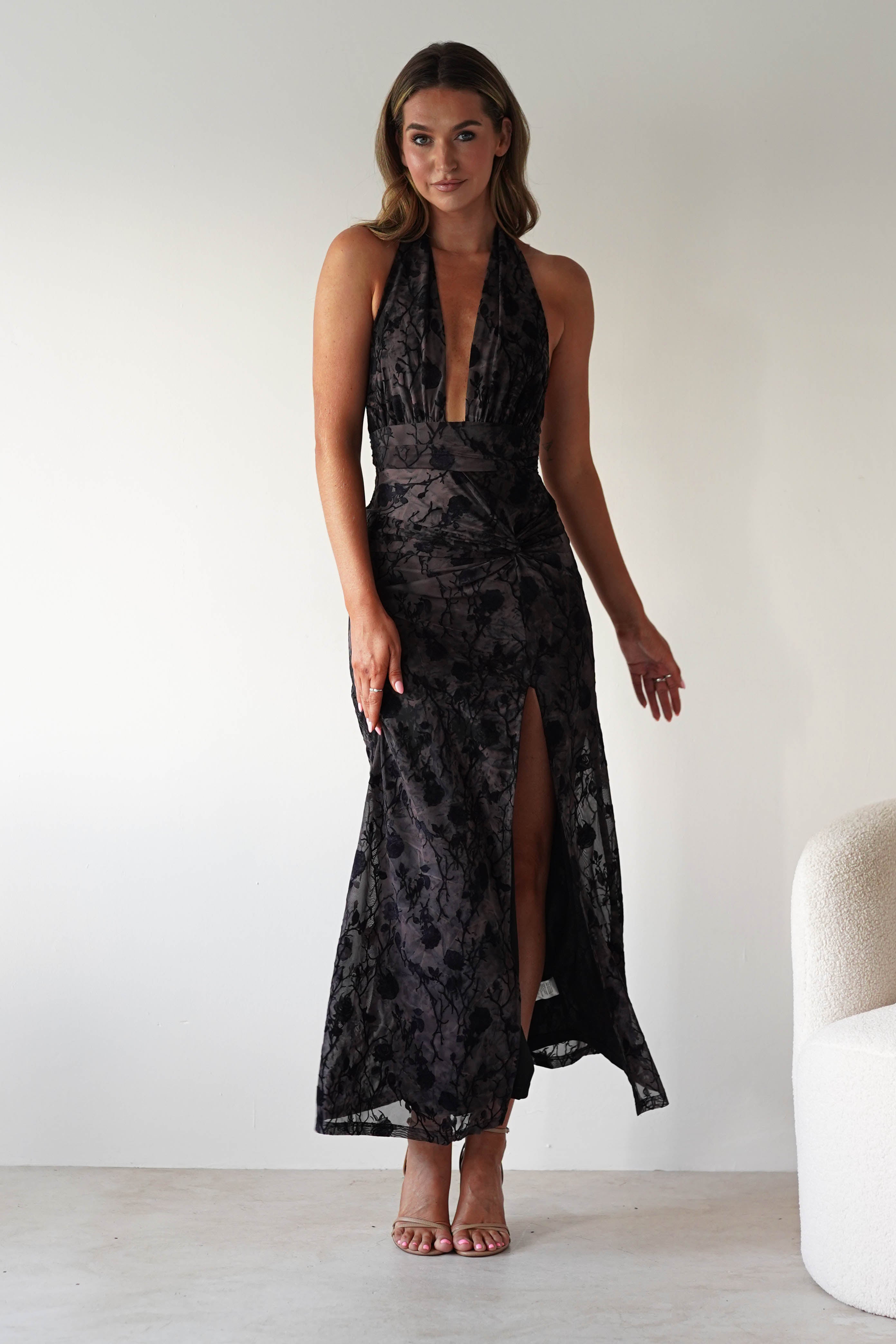Vera & Lucy Dresses 1*DONE - V&L-15787-BLACK HALTER TIE DRESS WITH FORAL PRINT (Copy)