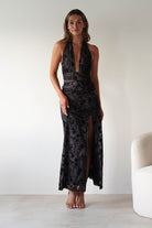 Vera & Lucy Dresses 1*DONE - V&L-15787-BLACK HALTER TIE DRESS WITH FORAL PRINT (Copy)