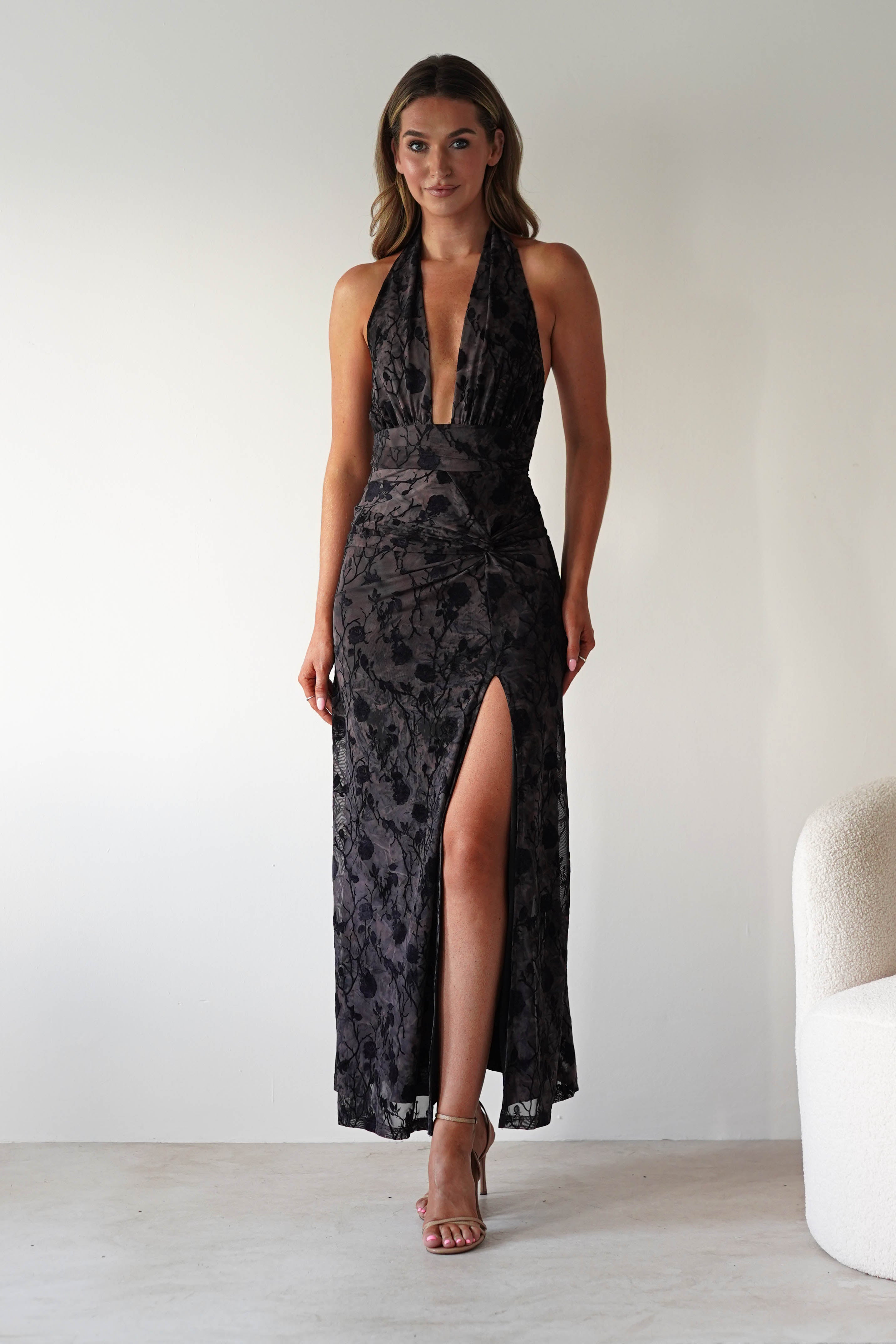 Vera & Lucy Dresses 1*DONE - V&L-15787-BLACK HALTER TIE DRESS WITH FORAL PRINT (Copy)