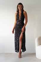 Vera & Lucy Dresses 1*DONE - V&L-15787-BLACK HALTER TIE DRESS WITH FORAL PRINT (Copy)