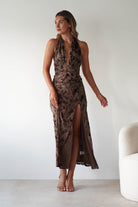 Vera & Lucy Dresses 1*DONE - V&L-15787-BROWN HALTER TIE DRESS WITH FORAL PRINT