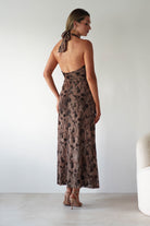 Vera & Lucy Dresses 1*DONE - V&L-15787-BROWN HALTER TIE DRESS WITH FORAL PRINT