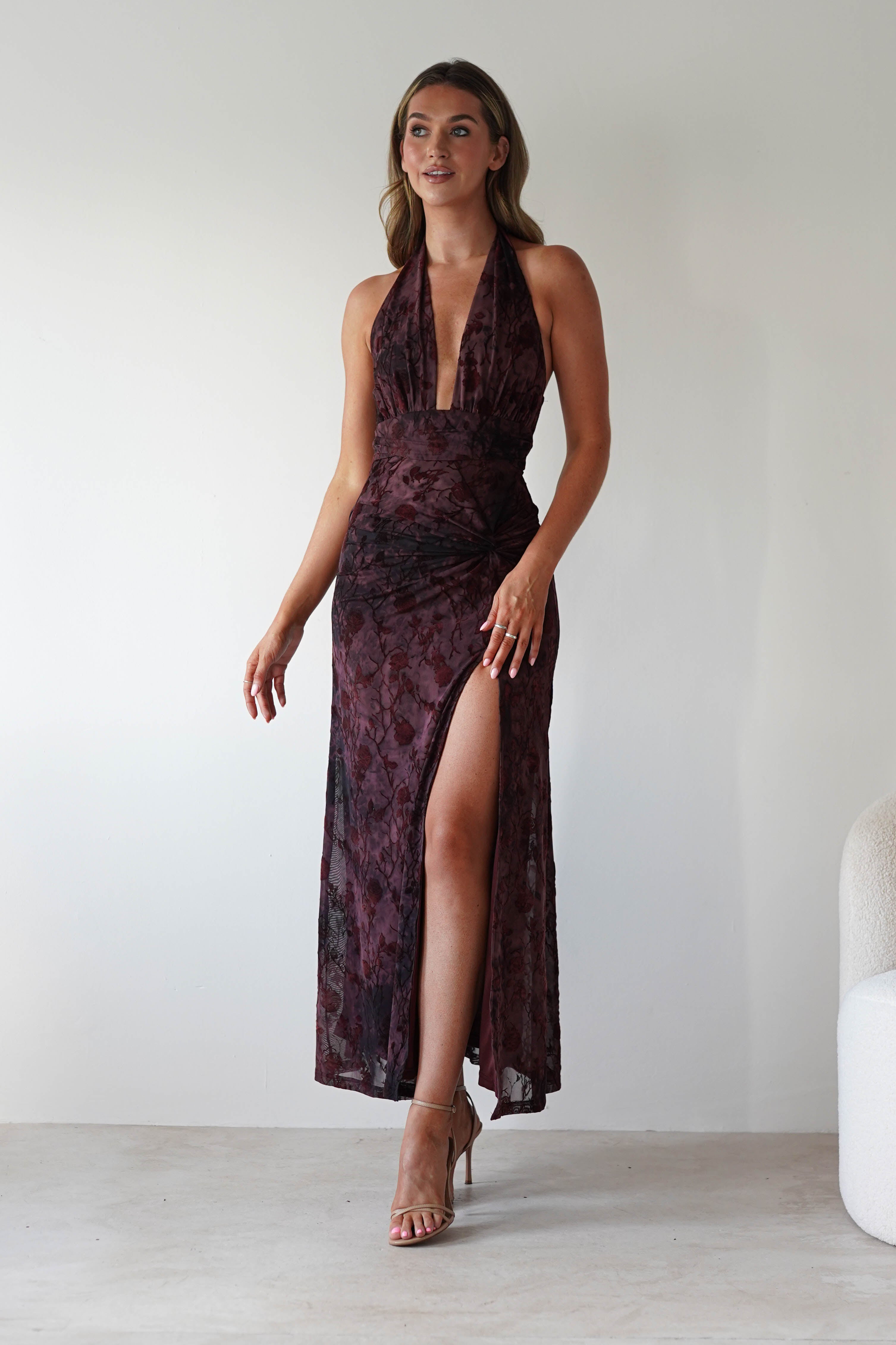 Vera & Lucy Dresses 1*DONE - V&L-15787-WINE HALTER TIE DRESS WITH FORAL PRINT