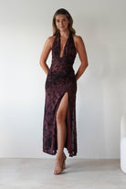 Vera & Lucy Dresses 1*DONE - V&L-15787-WINE HALTER TIE DRESS WITH FORAL PRINT