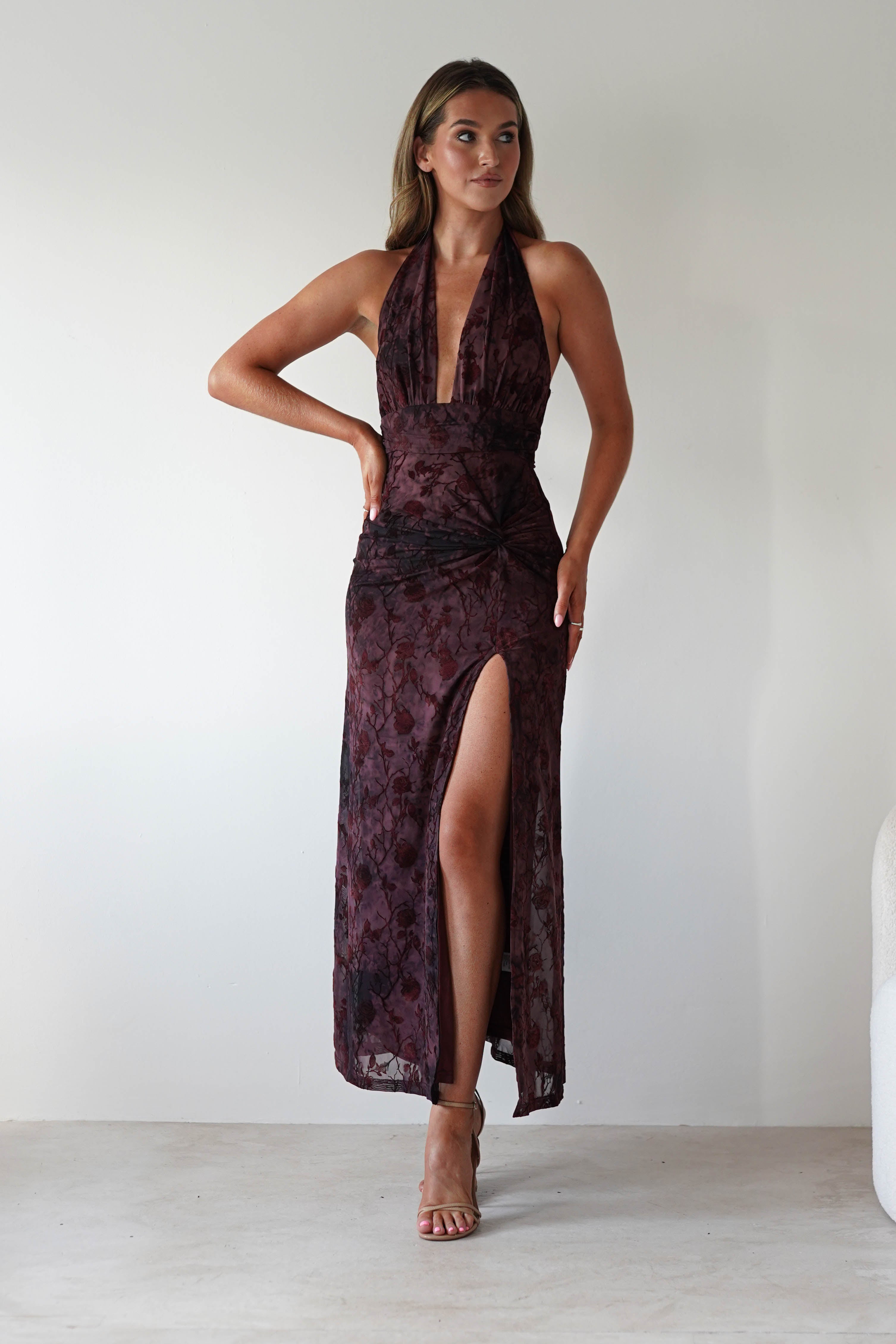 Vera & Lucy Dresses 1*DONE - V&L-15787-WINE HALTER TIE DRESS WITH FORAL PRINT