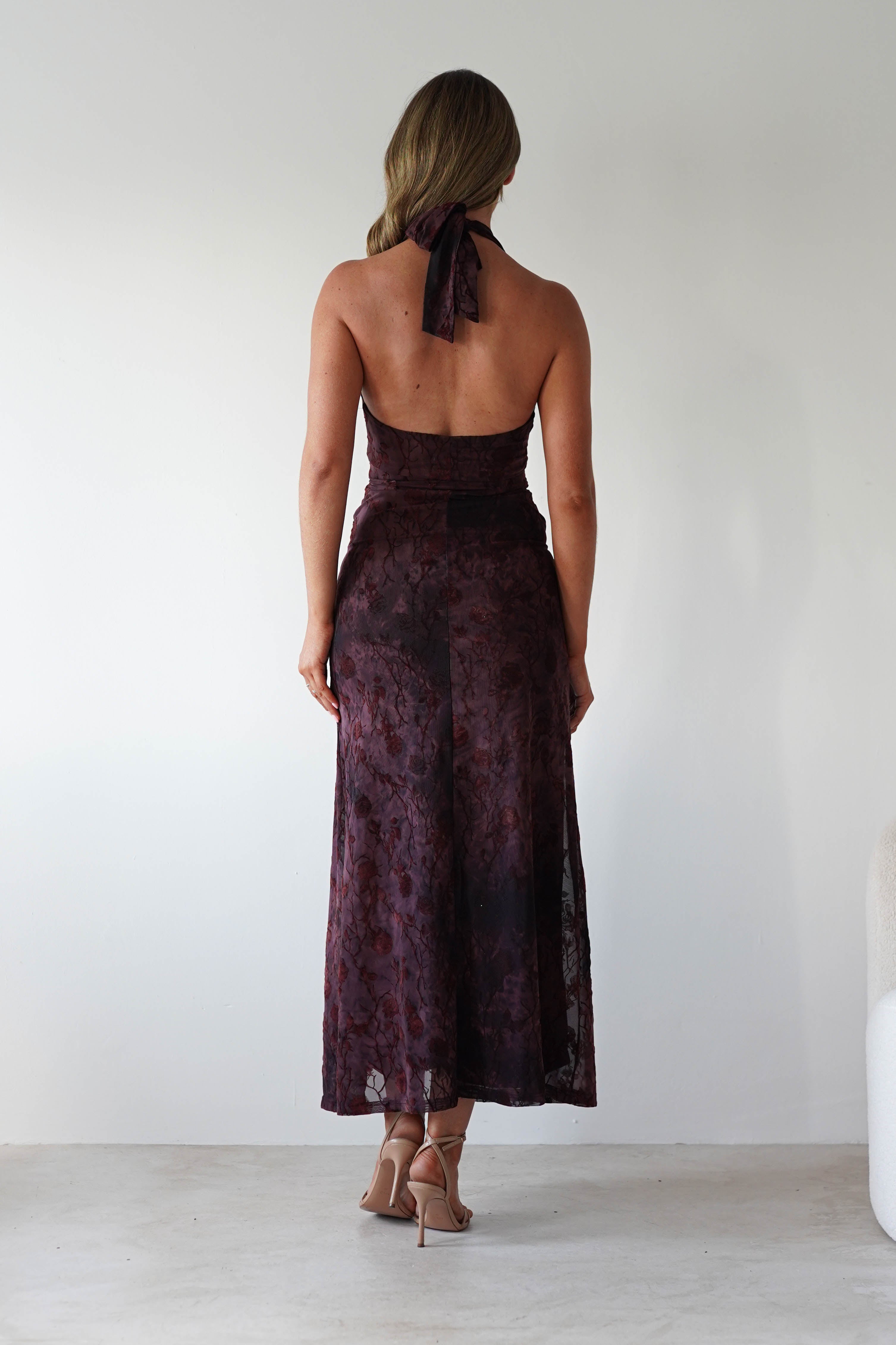 Vera & Lucy Dresses 1*DONE - V&L-15787-WINE HALTER TIE DRESS WITH FORAL PRINT