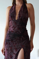 Vera & Lucy Dresses 1*DONE - V&L-15787-WINE HALTER TIE DRESS WITH FORAL PRINT