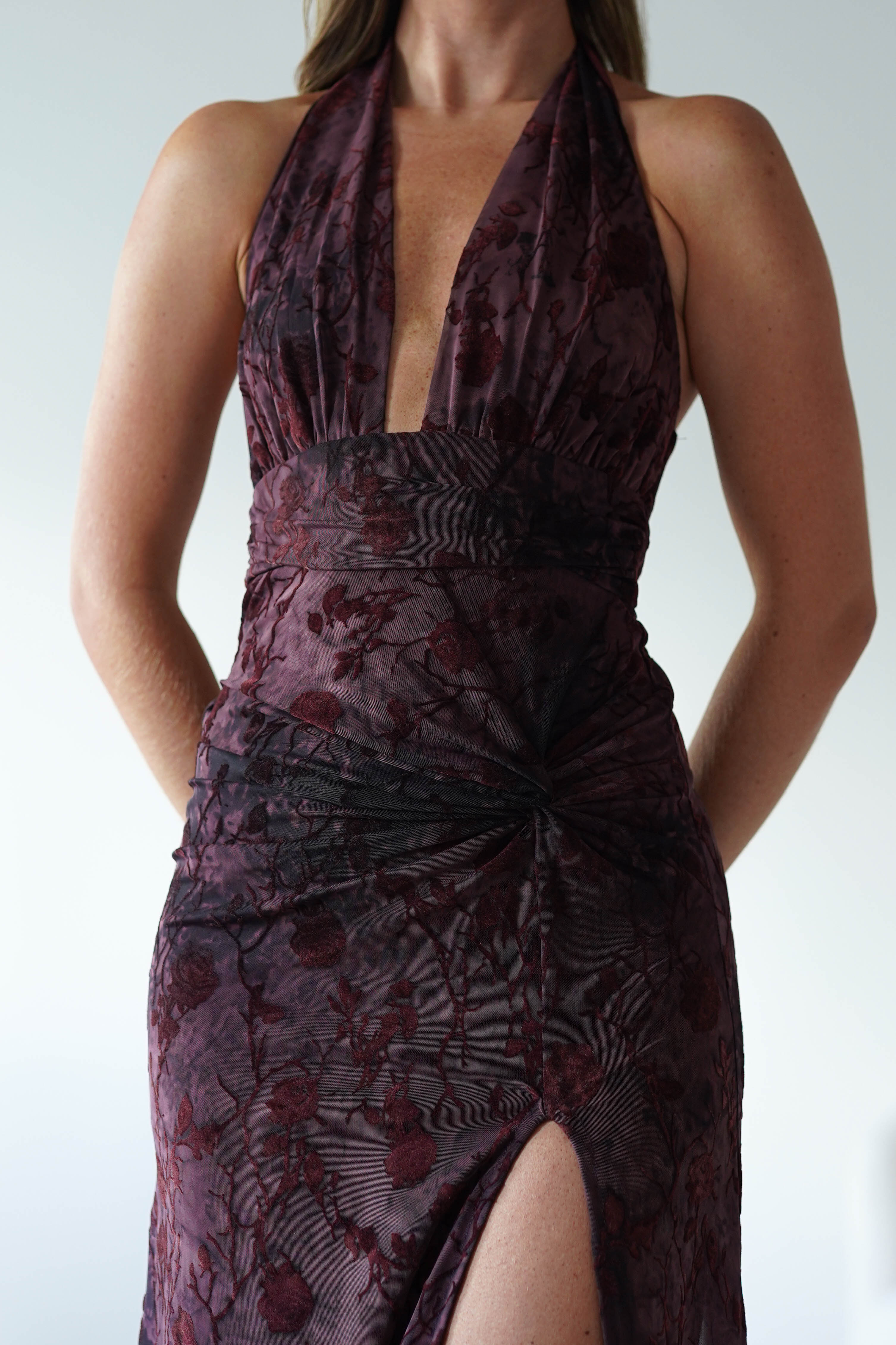 Vera & Lucy Dresses 1*DONE - V&L-15787-WINE HALTER TIE DRESS WITH FORAL PRINT