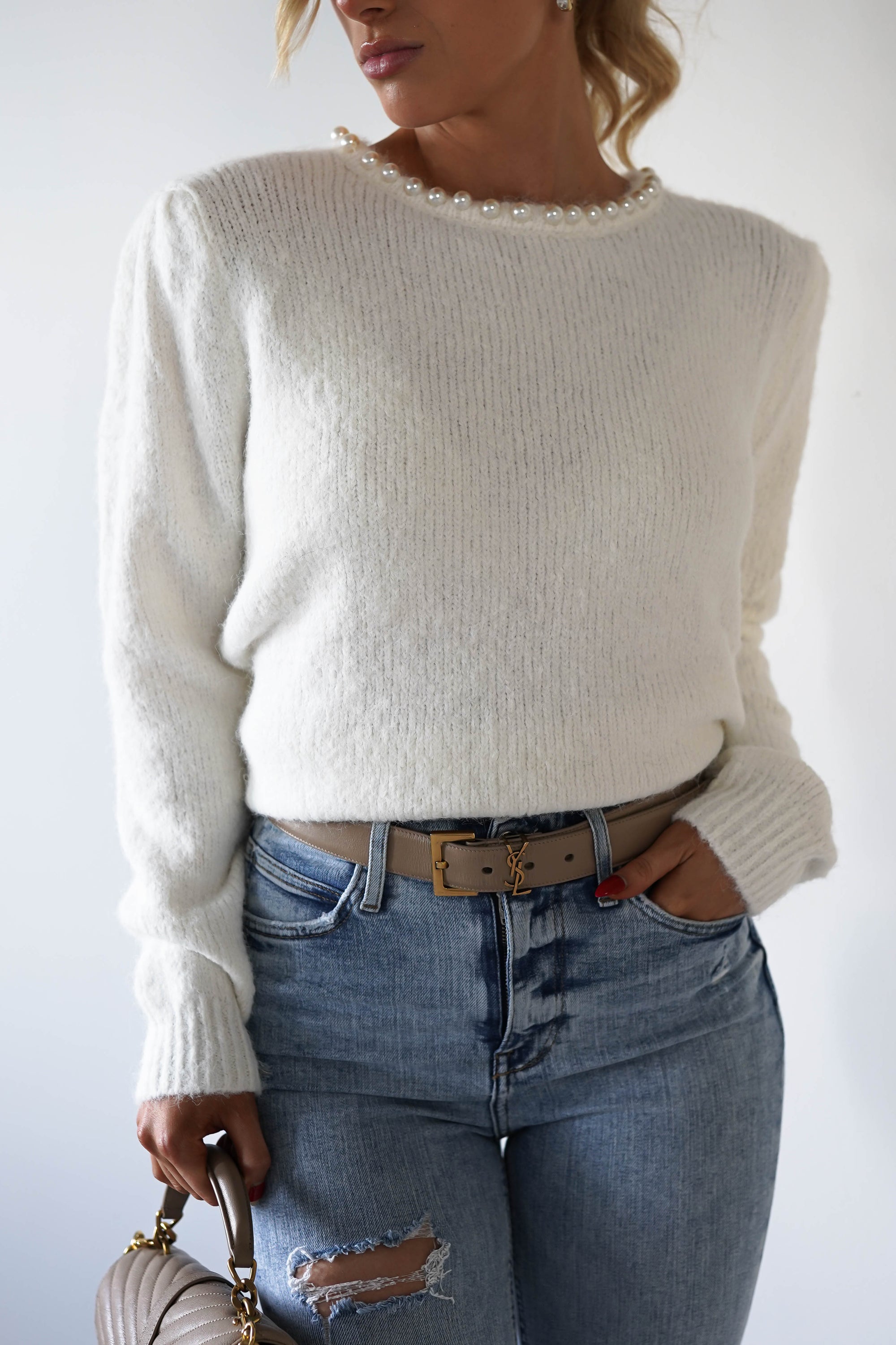 Caliste Pearl Detail Cosy Jumper | White | Oh Hello Clothing | ONE SIZE (6 - 12)