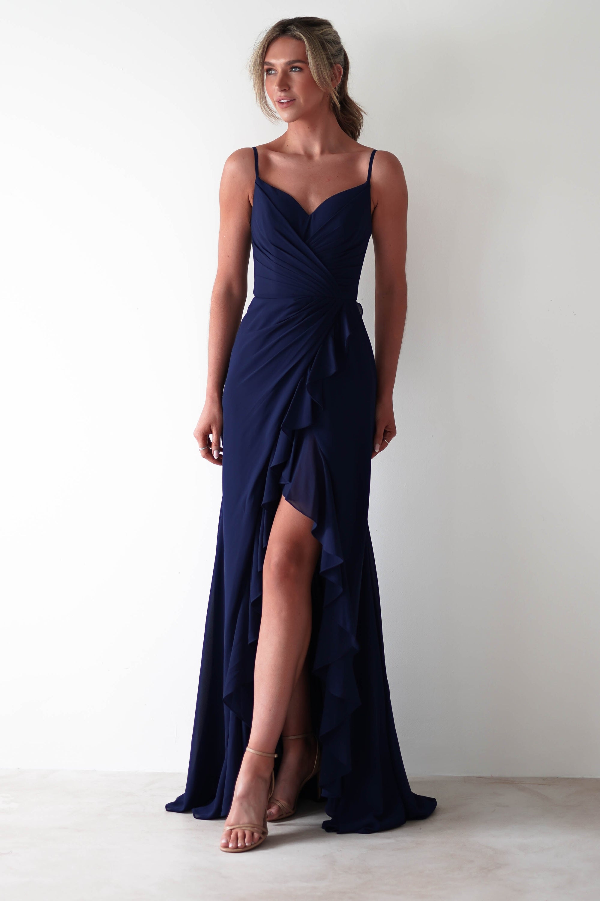 Kendra Ruffle Chiffon Maxi Dress | Navy - Oh Hello Clothing