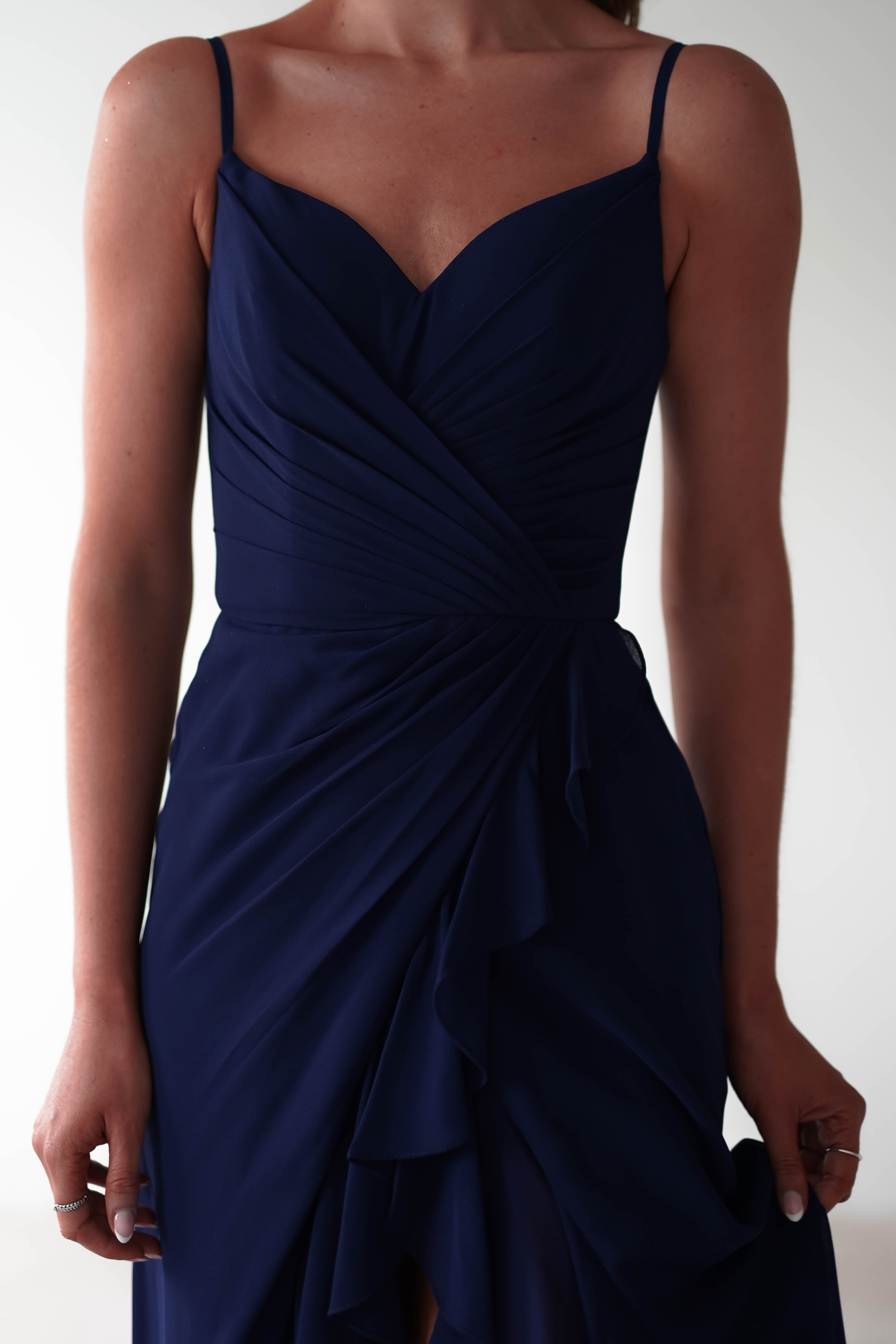 Kendra Ruffle Chiffon Maxi Dress | Navy - Oh Hello Clothing