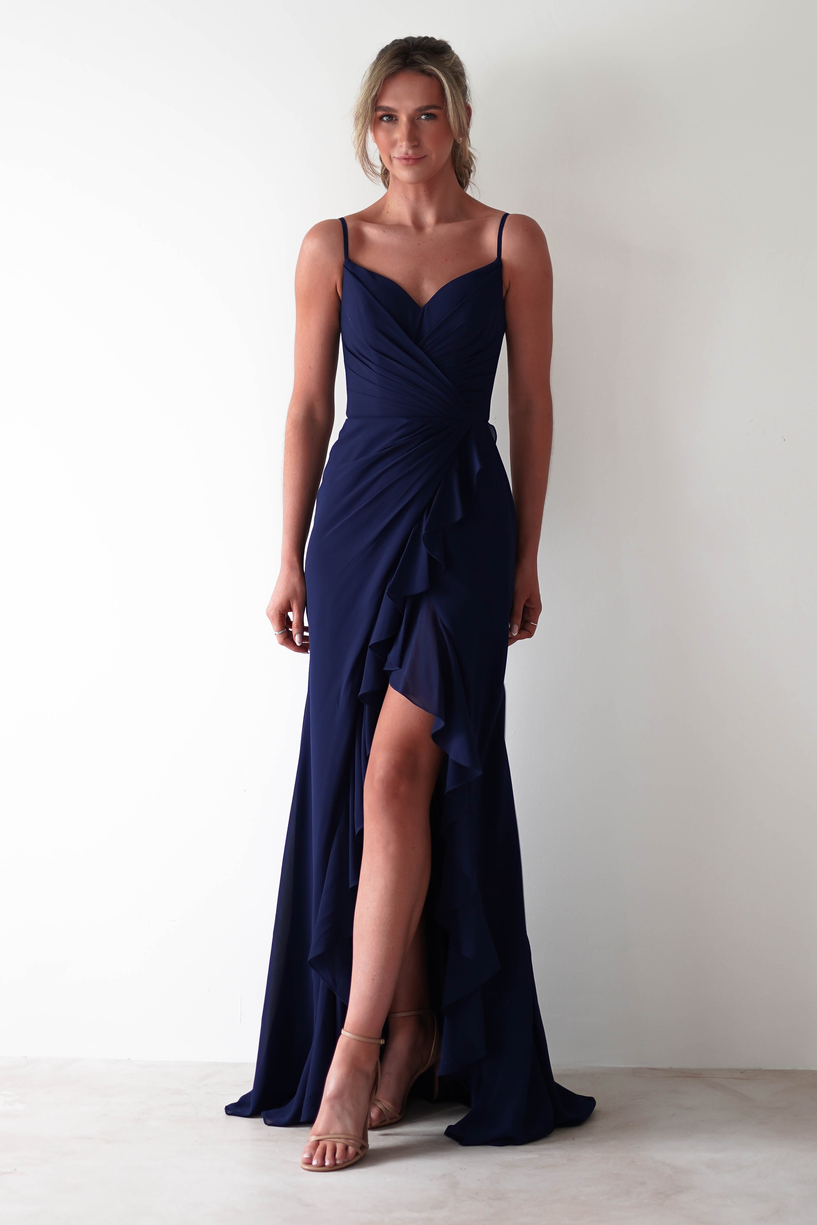 Kendra Ruffle Chiffon Maxi Dress | Navy - Oh Hello Clothing