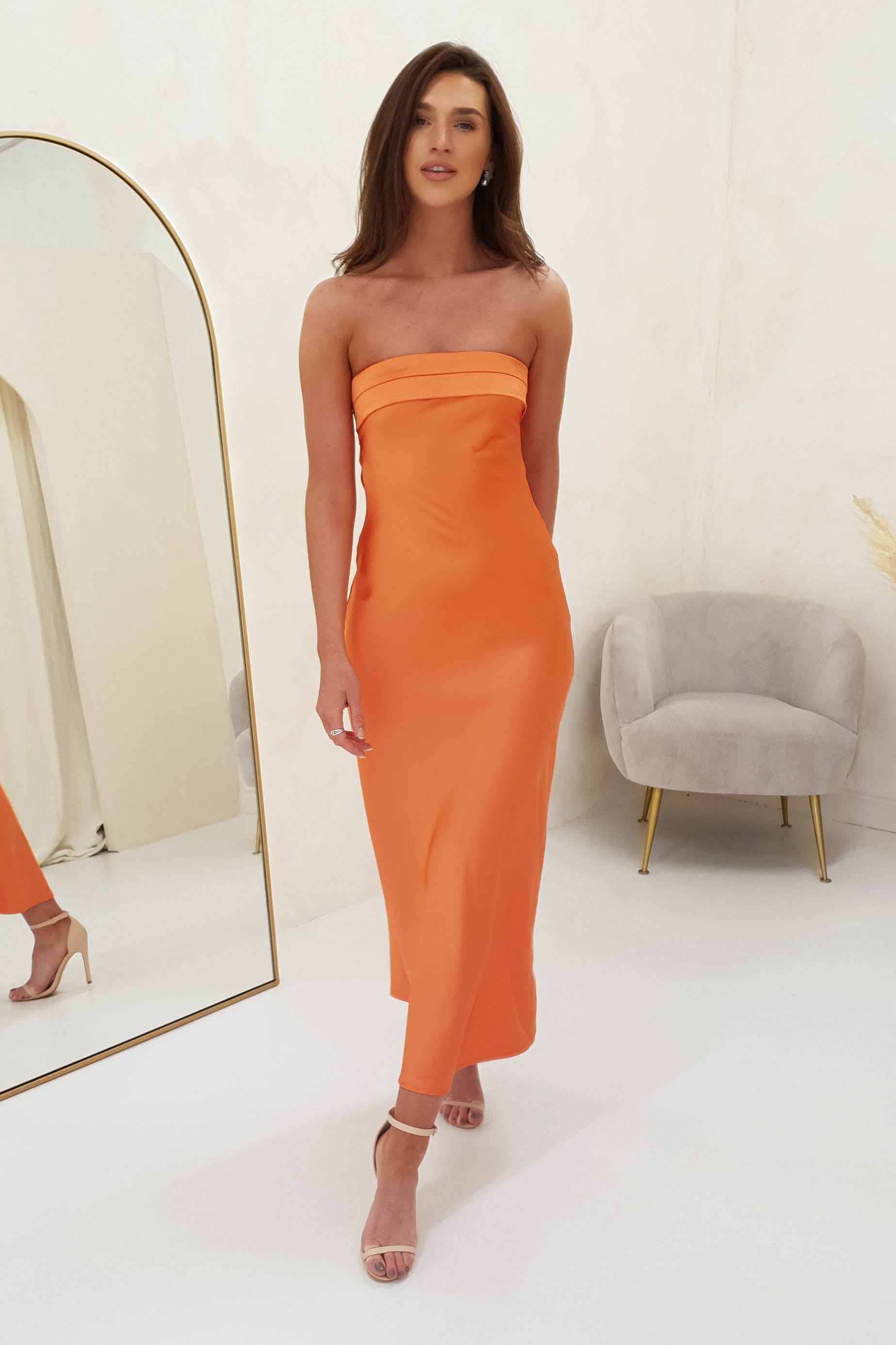 Whitney Satin Strapless Midi Dress | Orange | Oh Hello Clothing | XS (6)