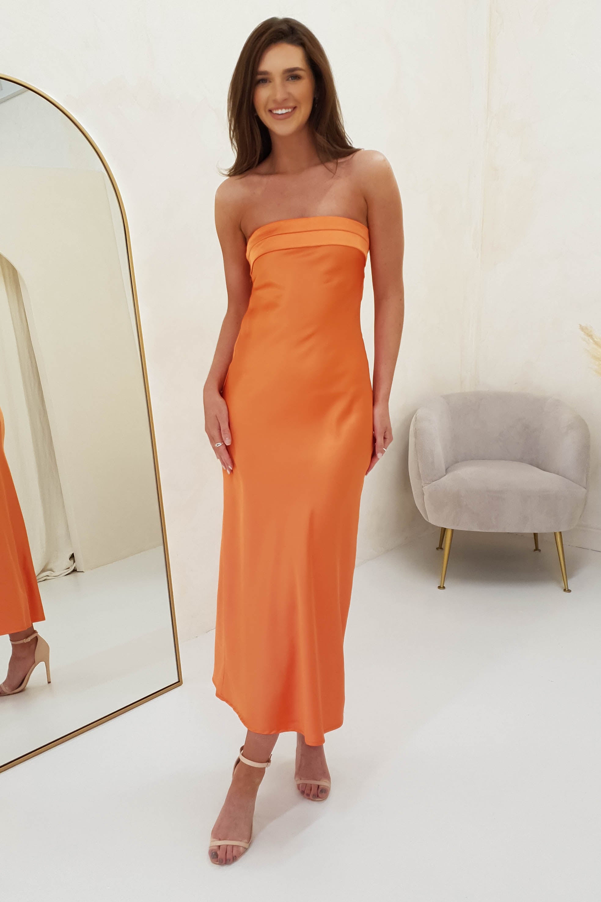 Whitney Satin Strapless Midi Dress | Orange | Oh Hello Clothing | XS (6)