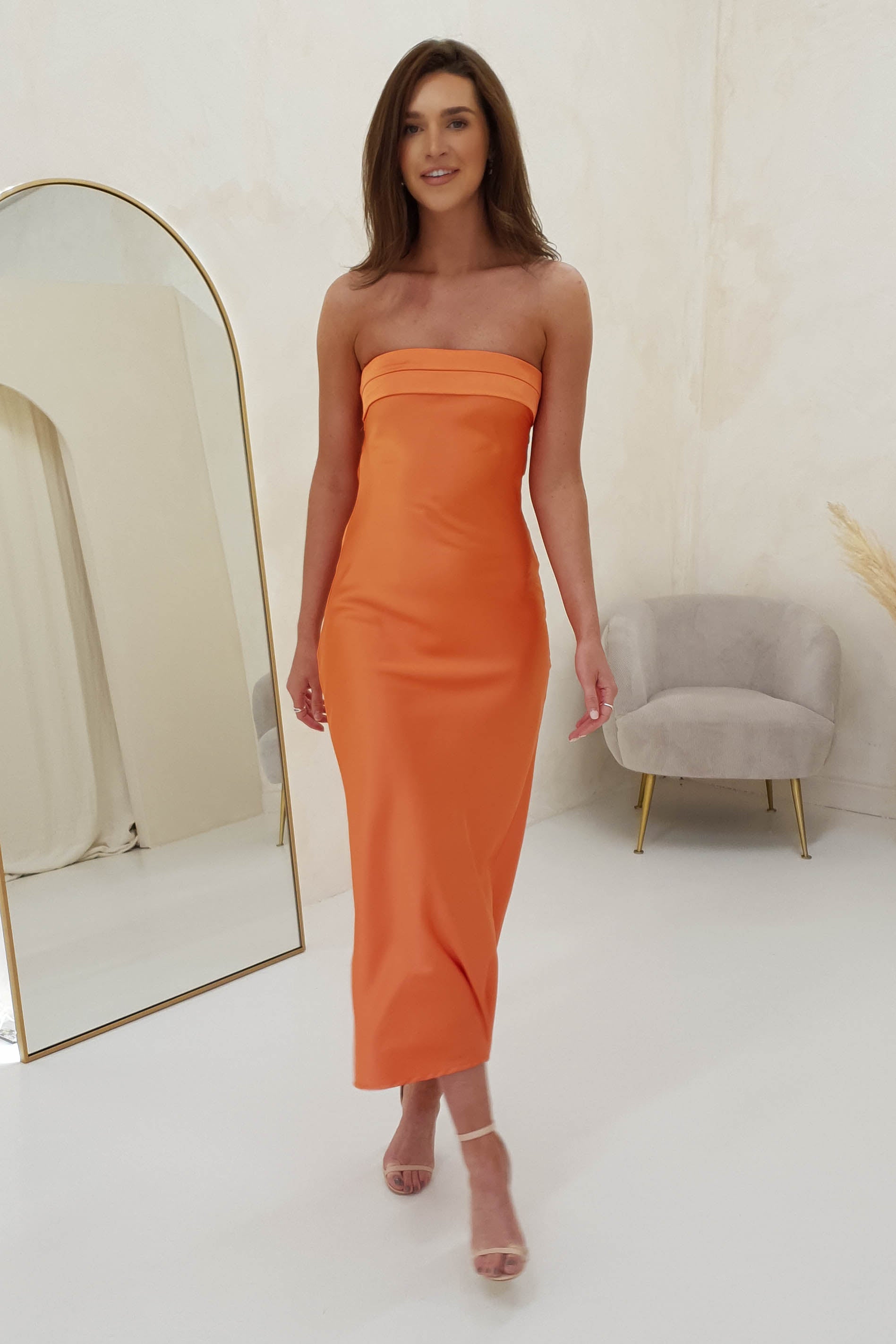 Whitney Satin Strapless Midi Dress | Orange | Oh Hello Clothing | XS (6)