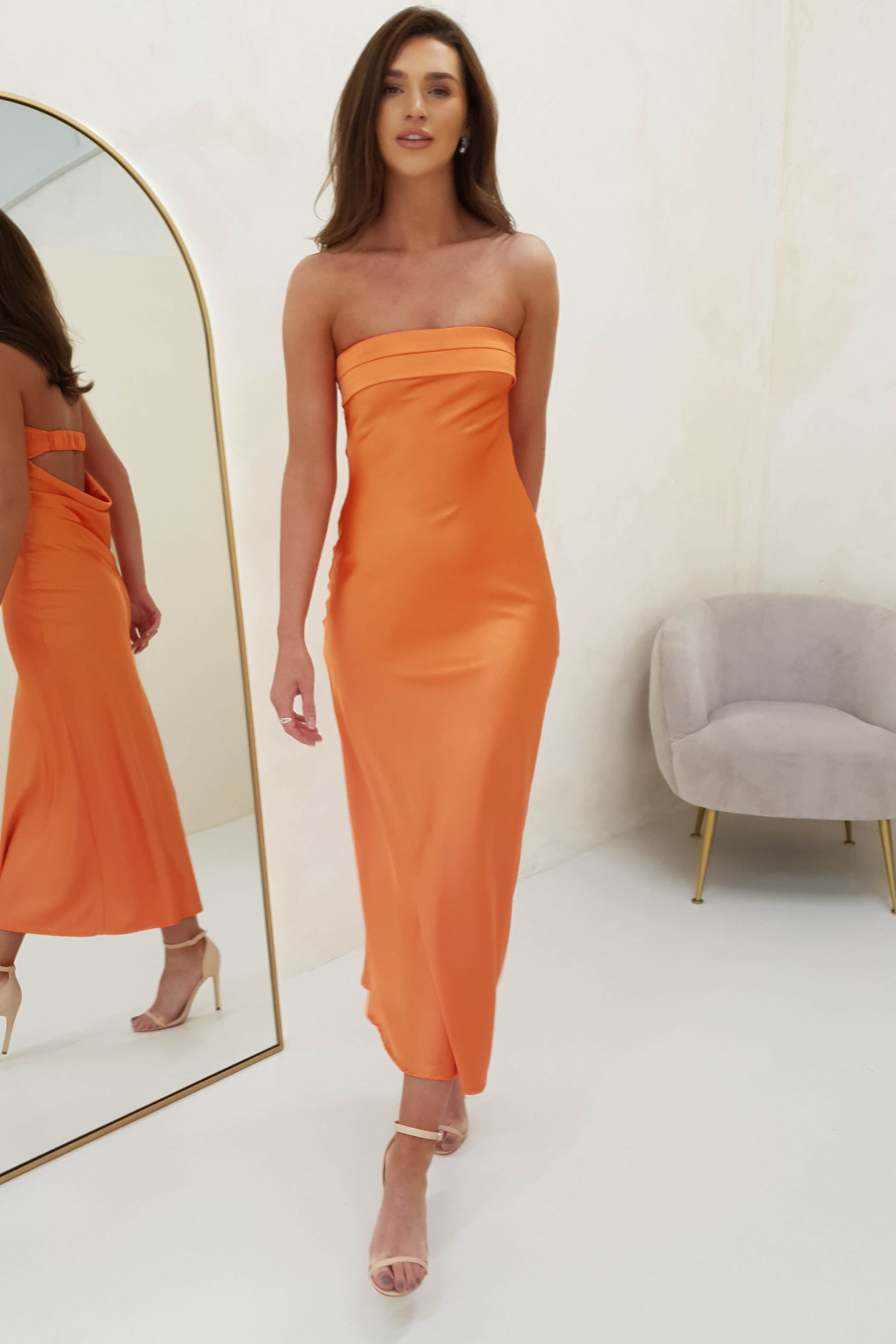 Whitney Satin Strapless Midi Dress | Orange | Oh Hello Clothing | XS (6)