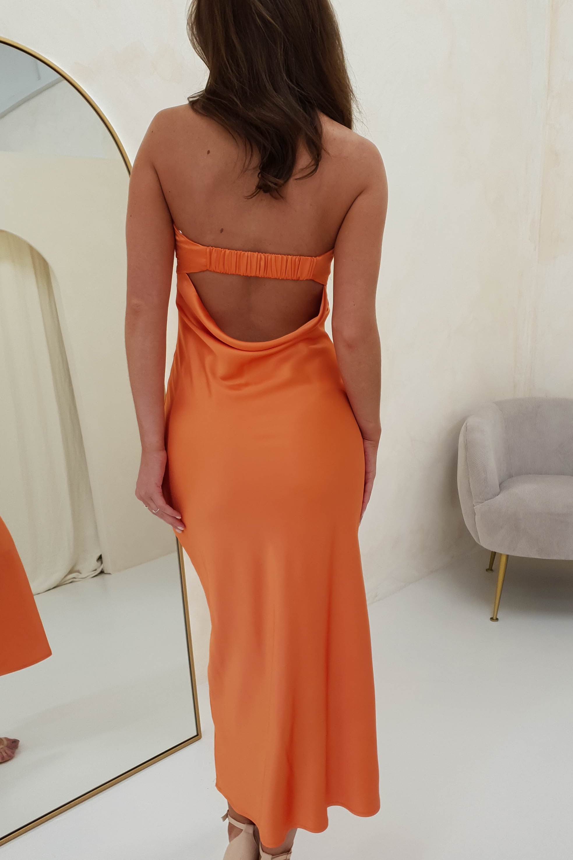 Whitney Satin Strapless Midi Dress | Orange | Oh Hello Clothing | XS (6)
