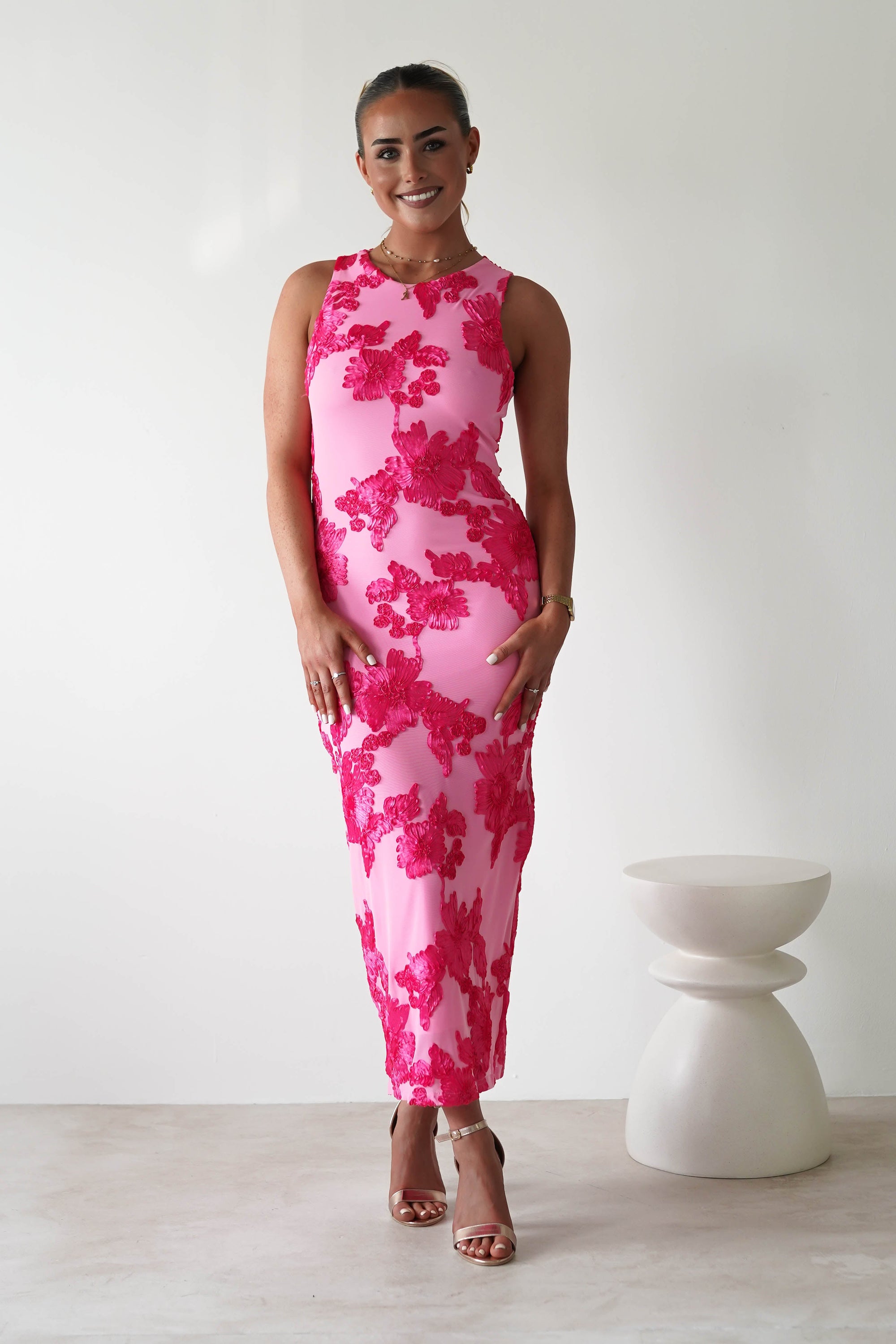 Eliana Bodycon Midi Dress | Pink Textured | Oh Hello Clothing | S (8)