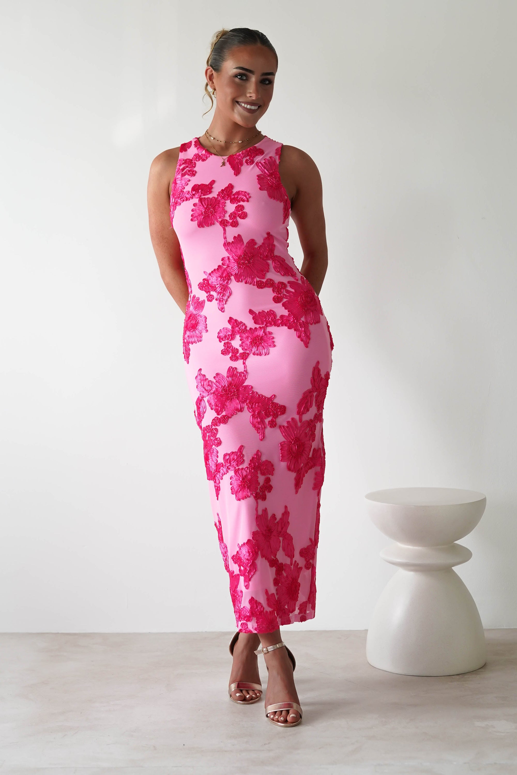 Eliana Bodycon Midi Dress | Pink Textured | Oh Hello Clothing | S (8)